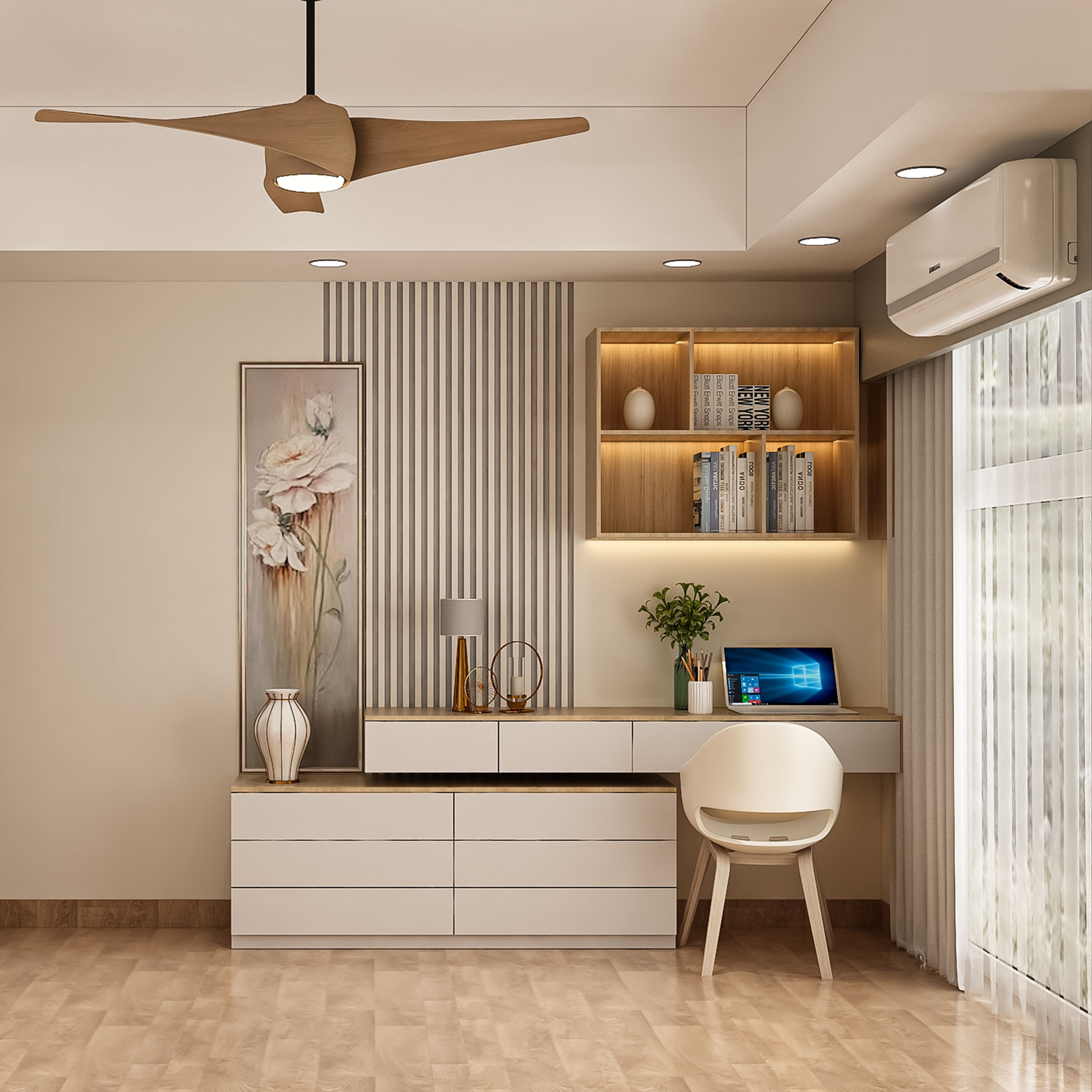 Contemporary Home Office Design with Illuminated Shelves and Flower Art