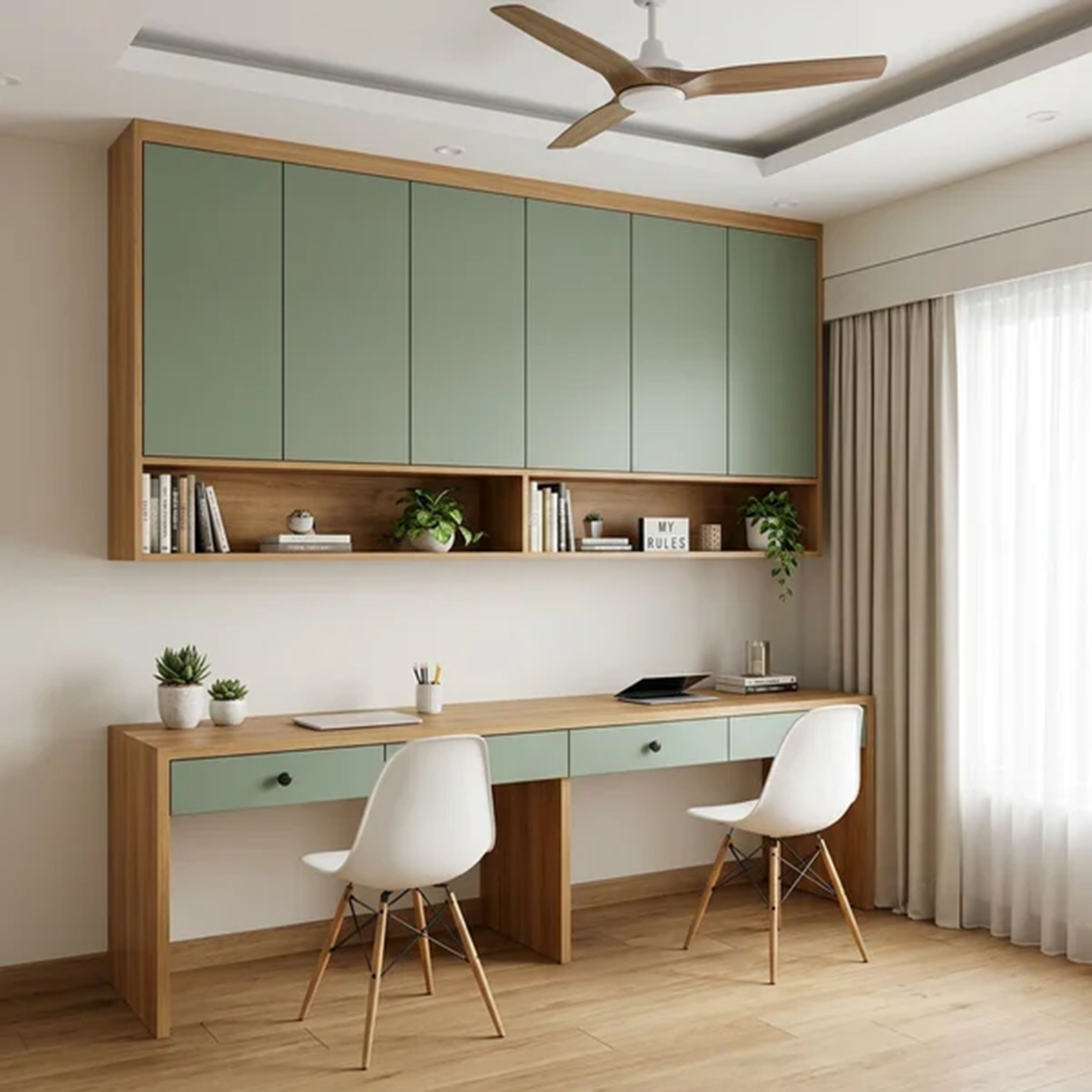 Scandinavian Home Office Design with Double Desk and Green Cabinets