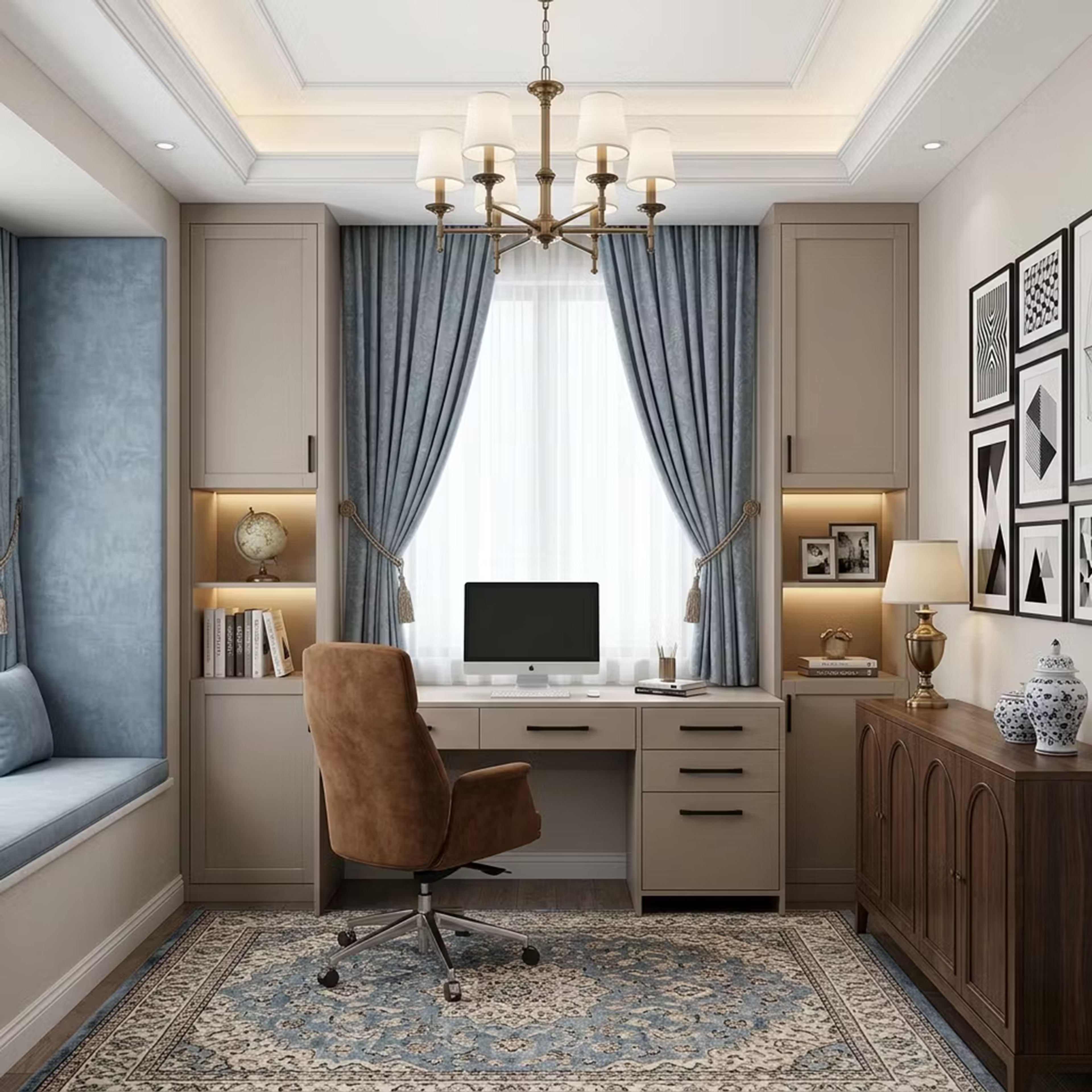 Classic Home Office Design with Blue Window Nook and Chandelier