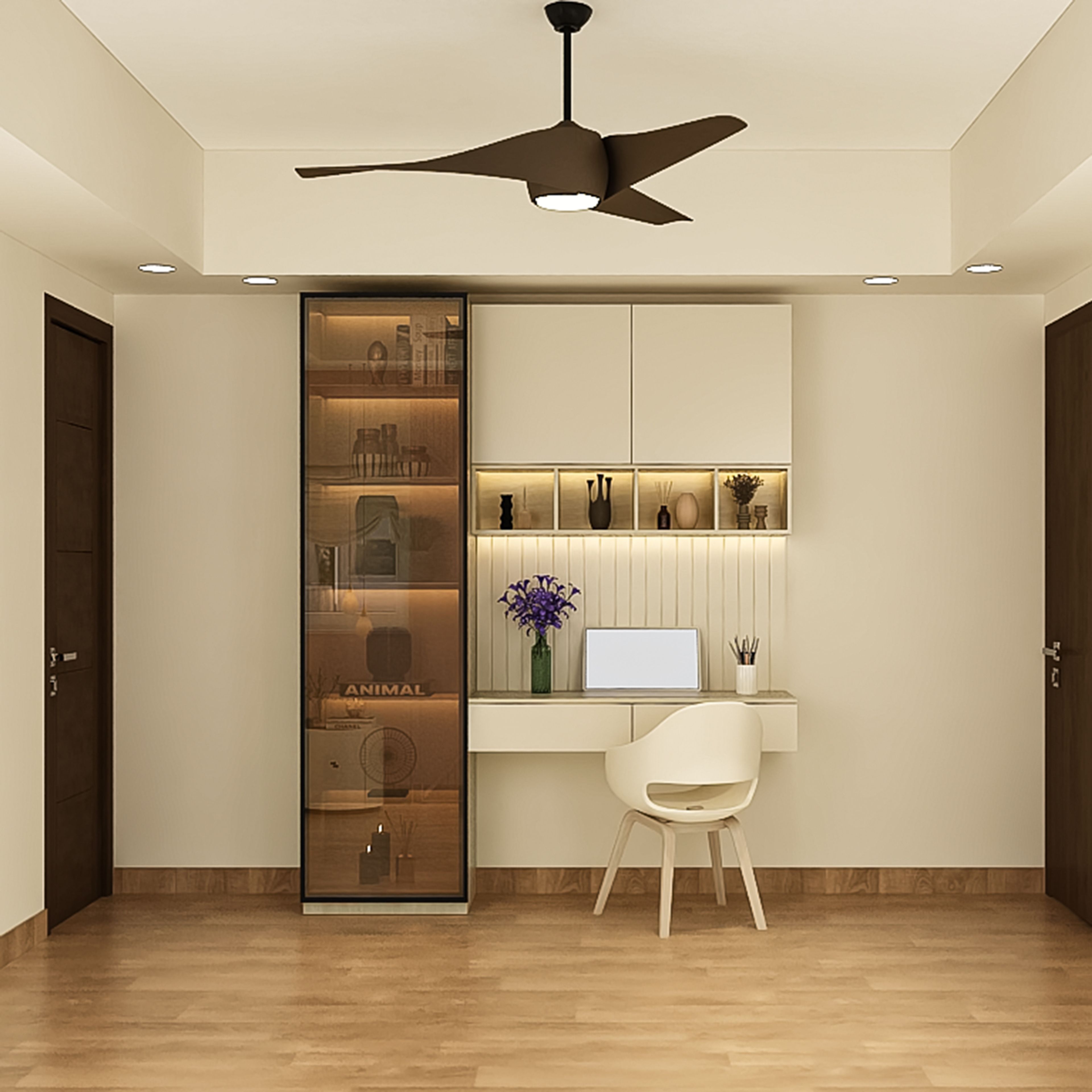 Modern Home Office Design with Glass Display Cabinet and Floating Desk