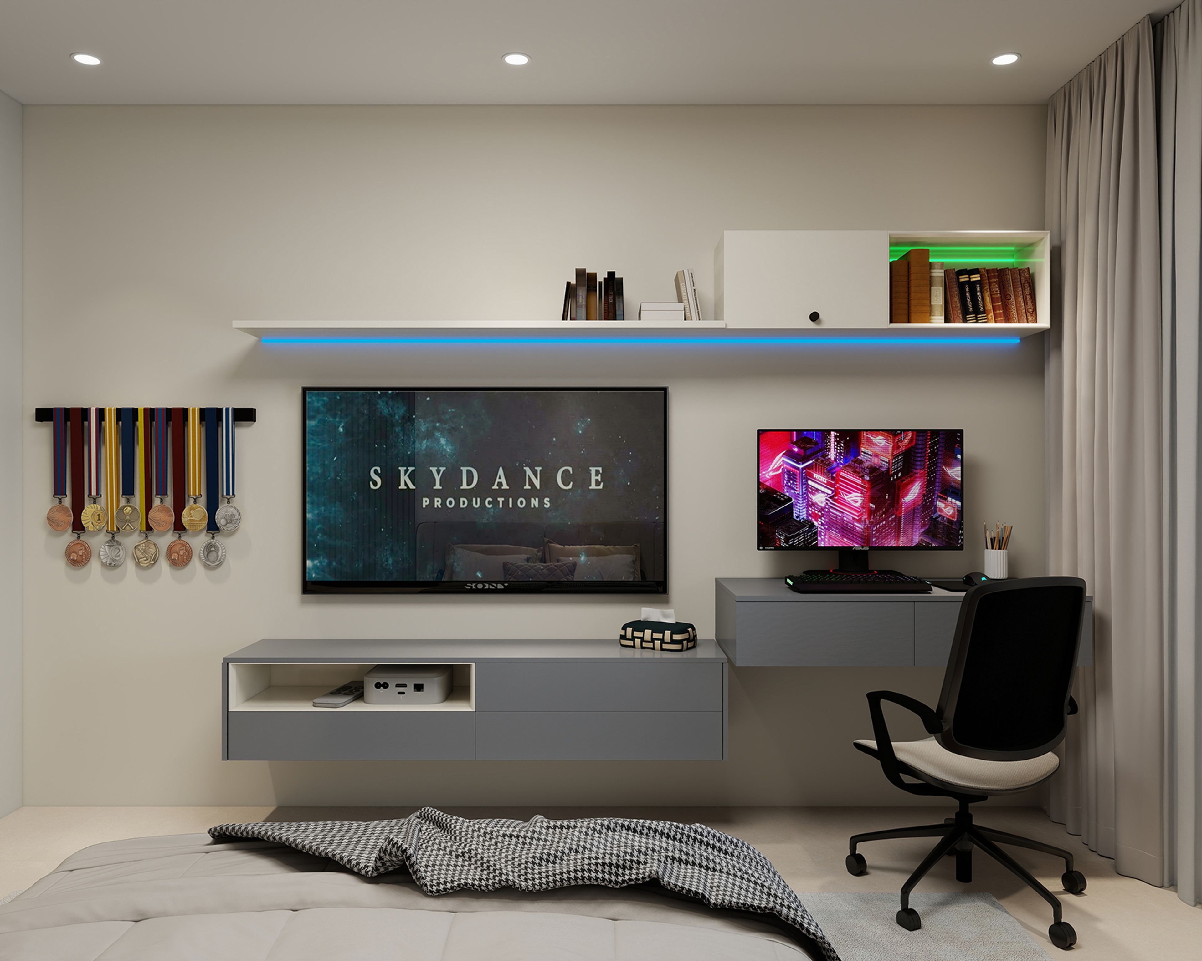 Modern Home Office Design with Floating Media Desk and LED Wall Shelf