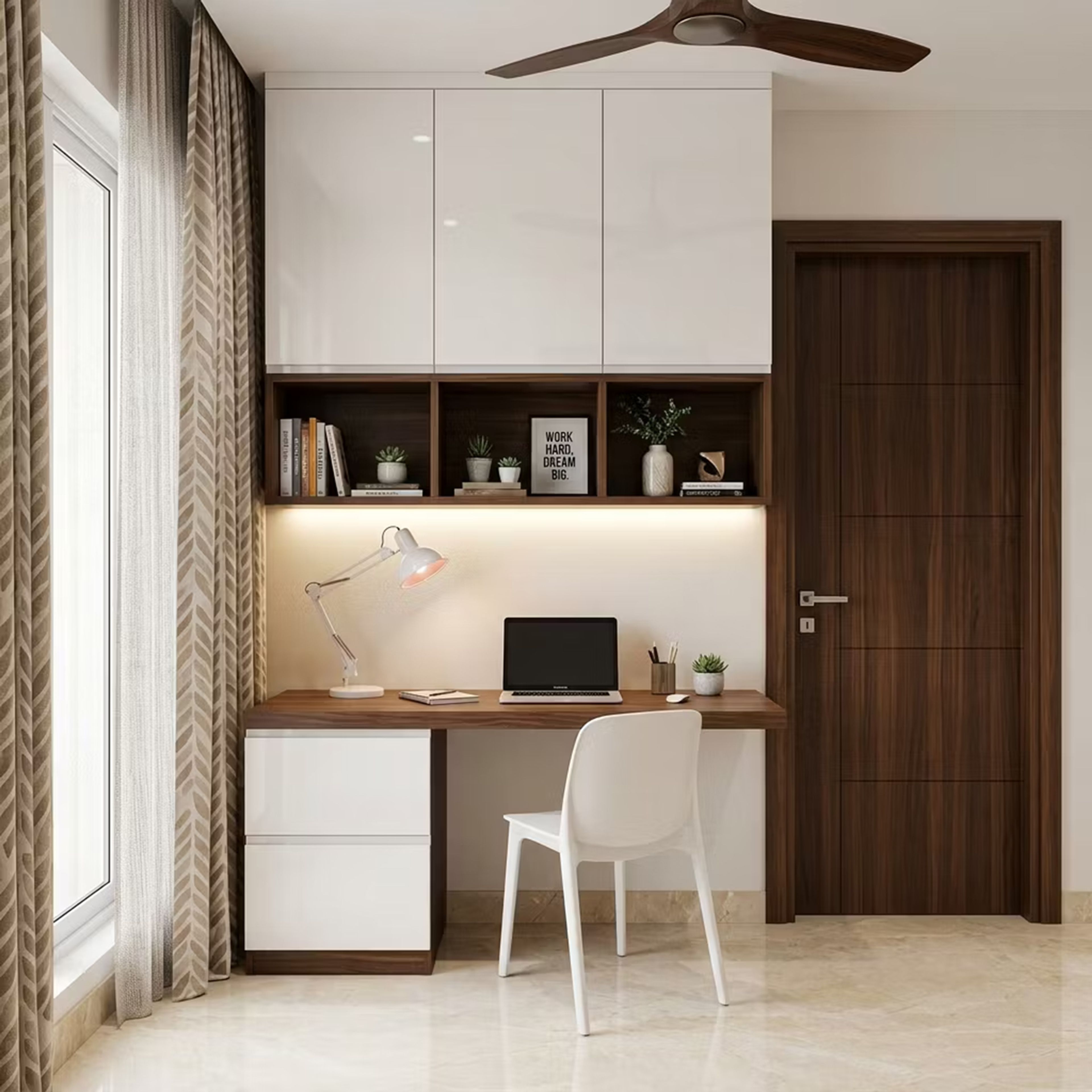 Contemporary Home Office Design with High-Gloss Wall Cabinets and Wooden Desk
