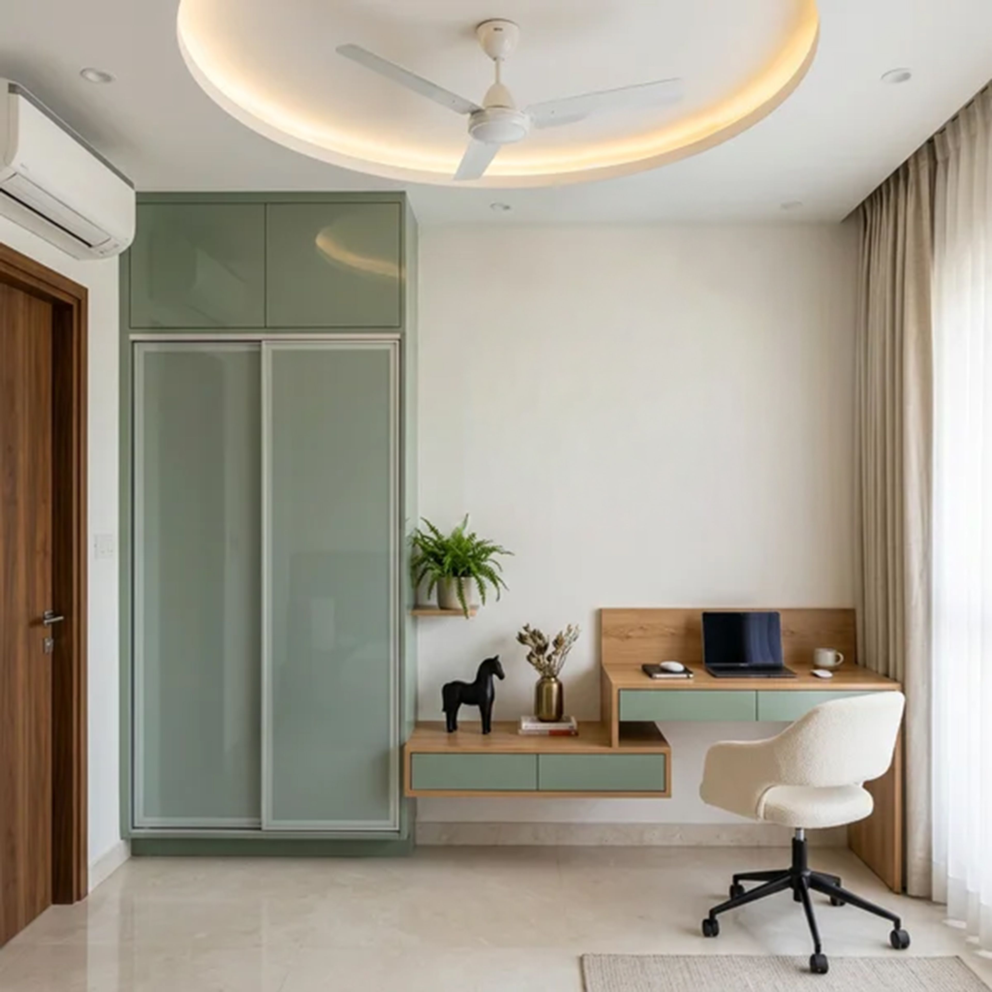 Scandinavian Home Office Design with Green Sliding Wardrobe and Tiered Desk