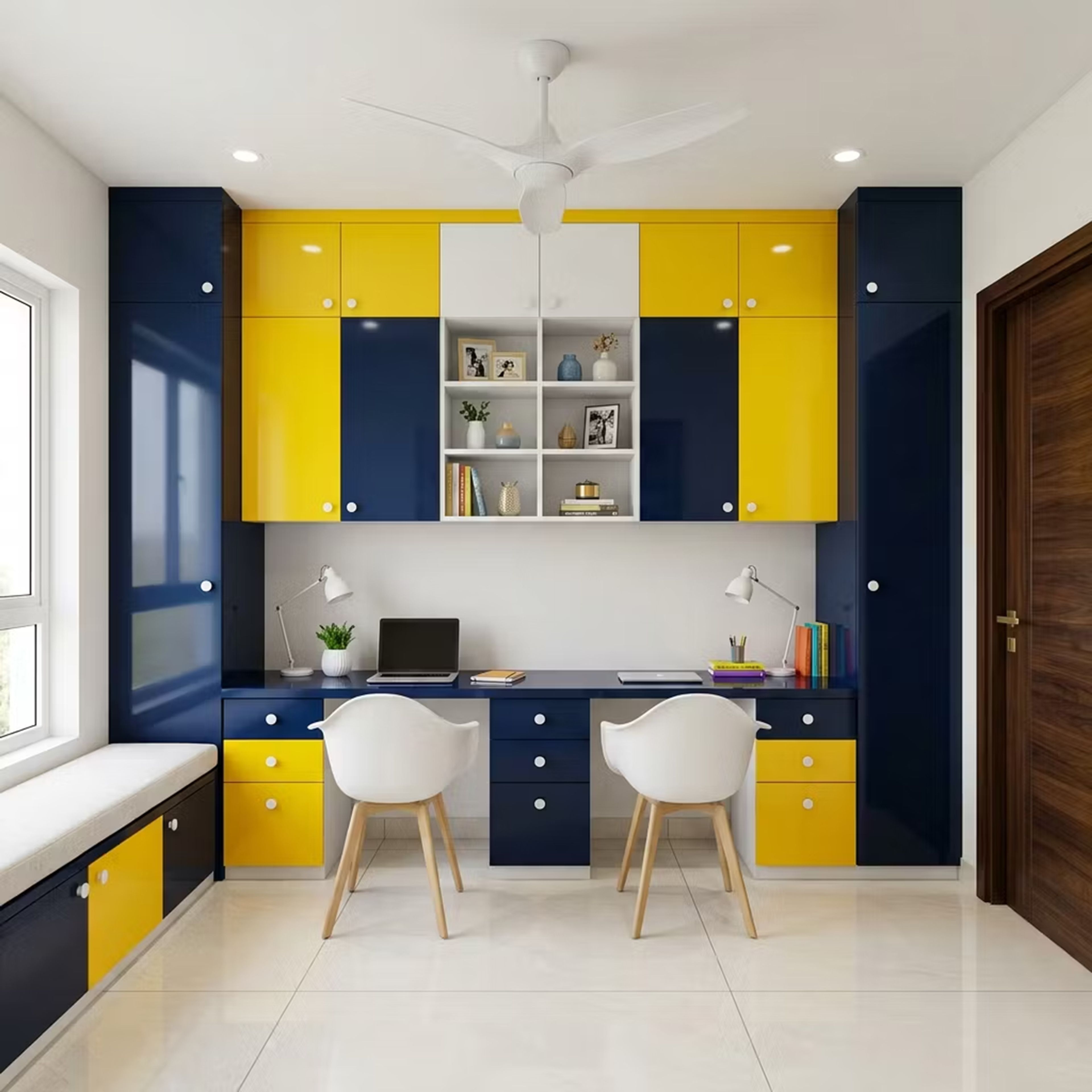 Modern Home Office Design with Dual Workstation and Yellow-Blue Storage