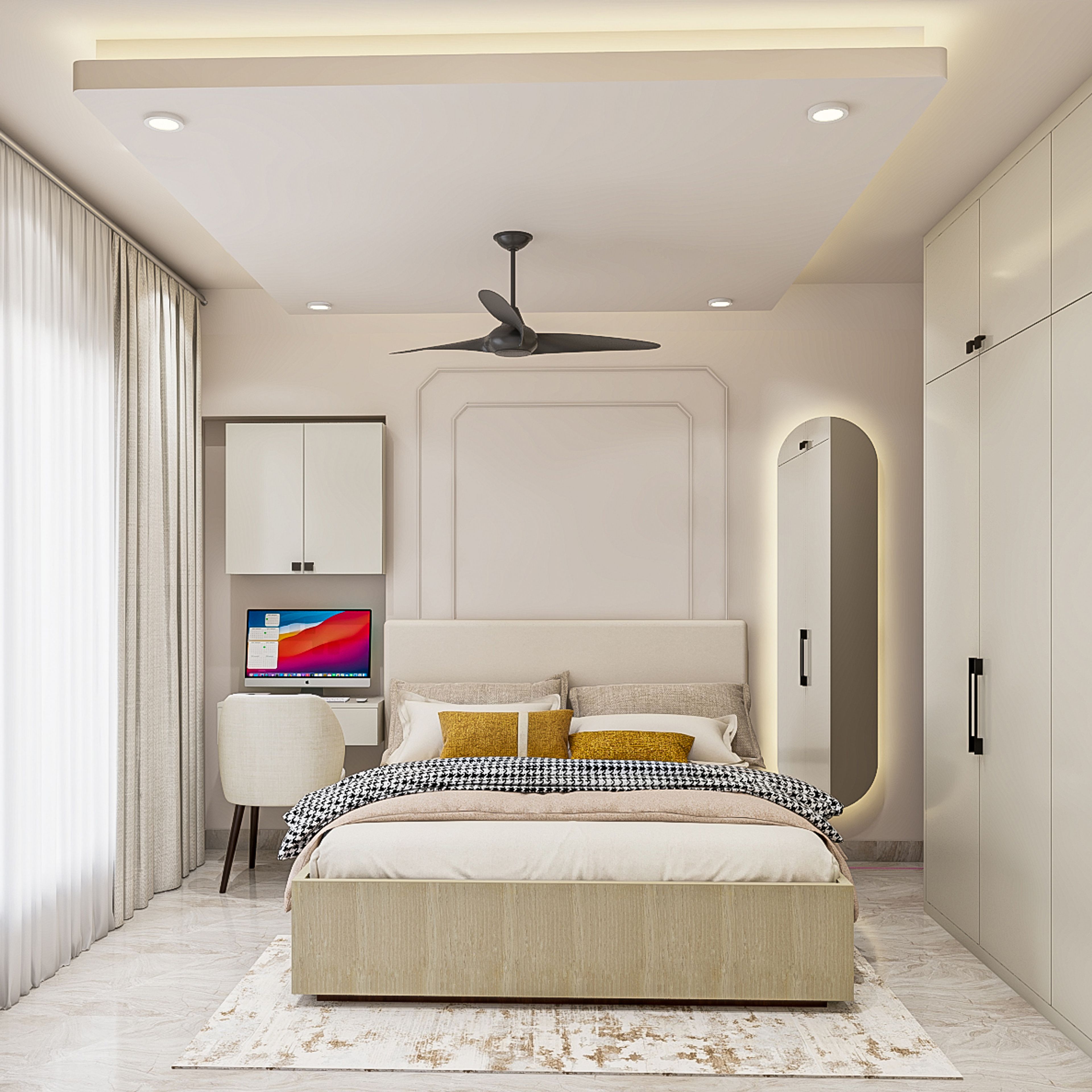 Contemporary Kids Bedroom Design with Arched Backlit Mirror and Desk