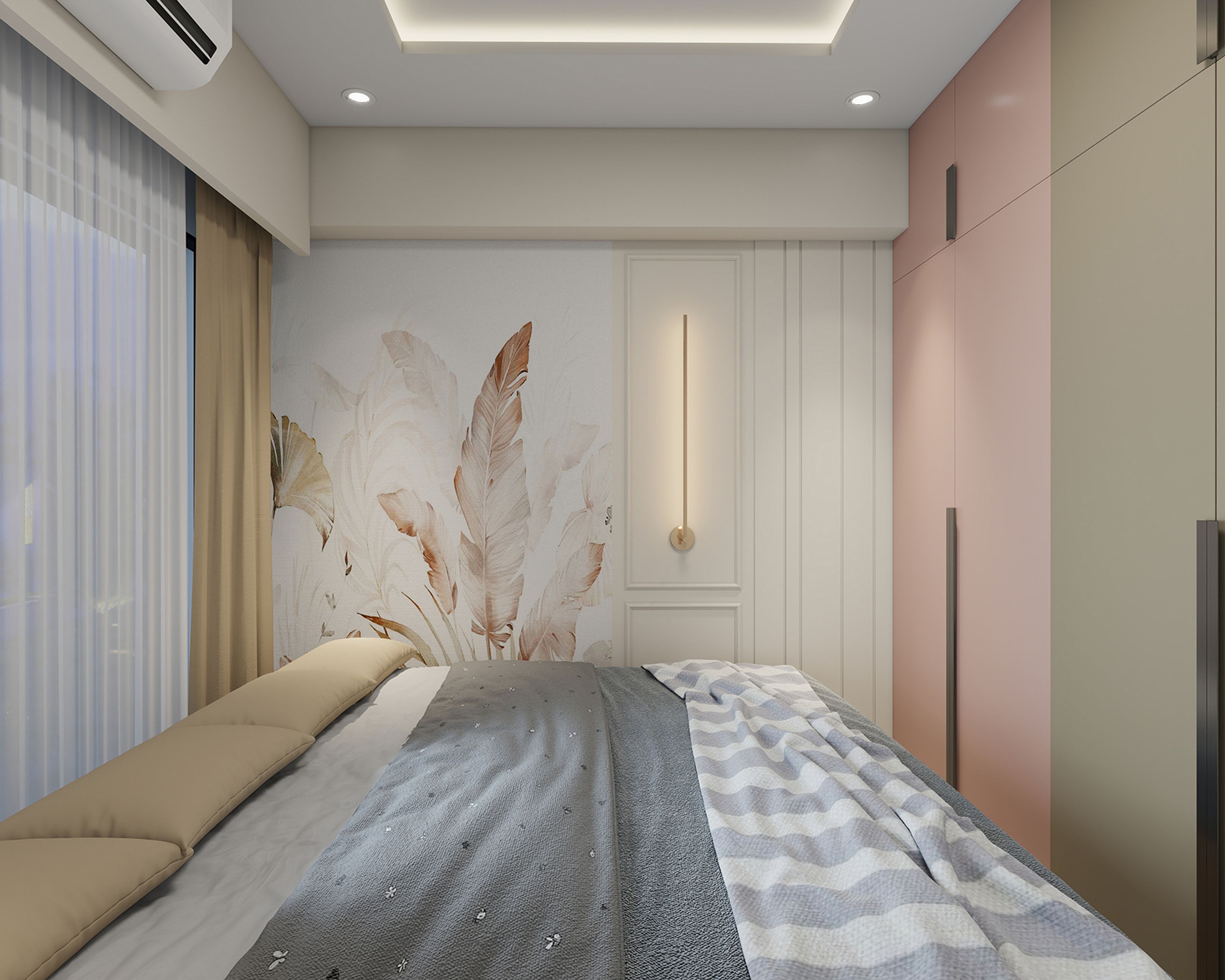 Contemporary Kids Bedroom Design with Pink and Olive Green Wardrobe