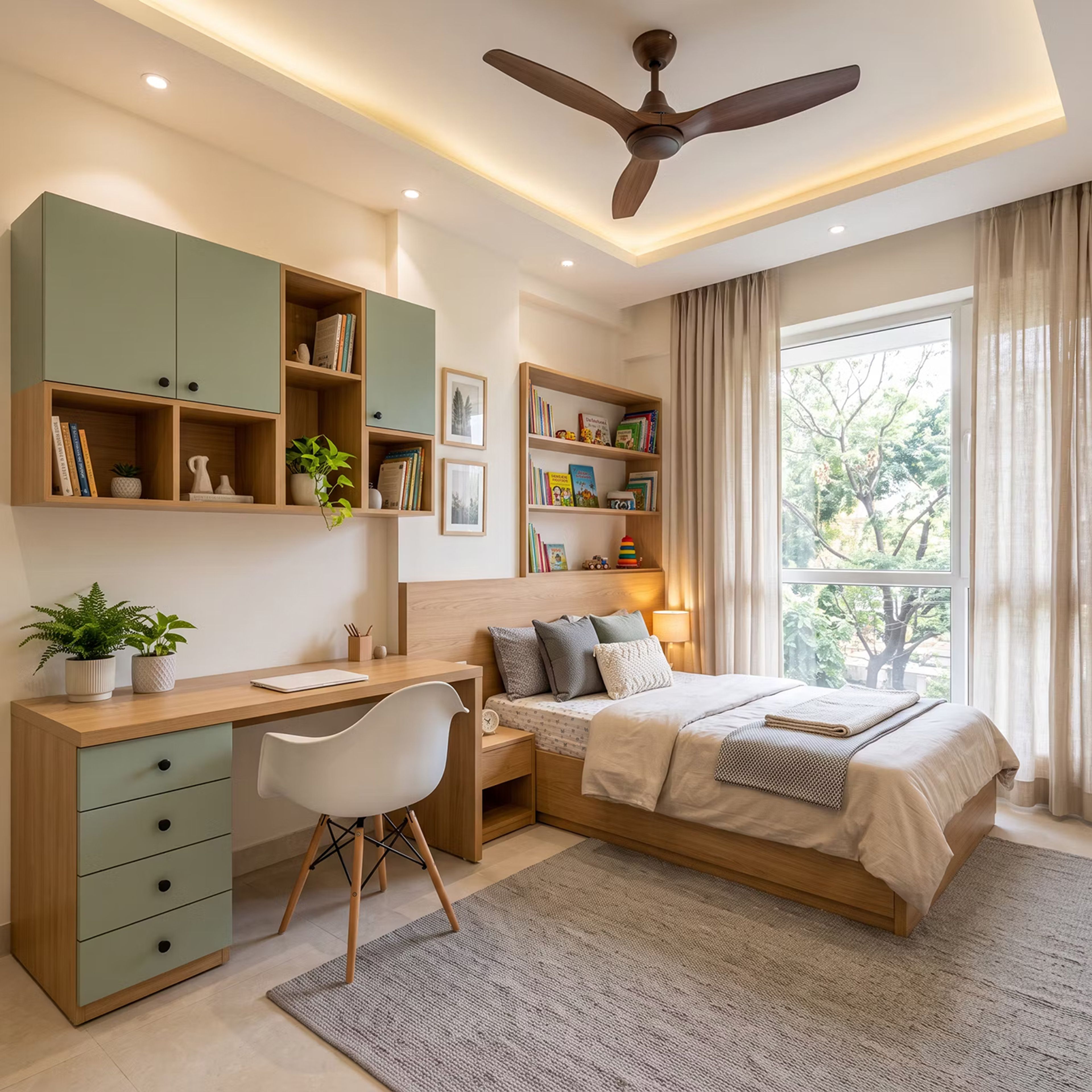 Scandinavian Kids Bedroom Design with Integrated Bookshelves and Study Station