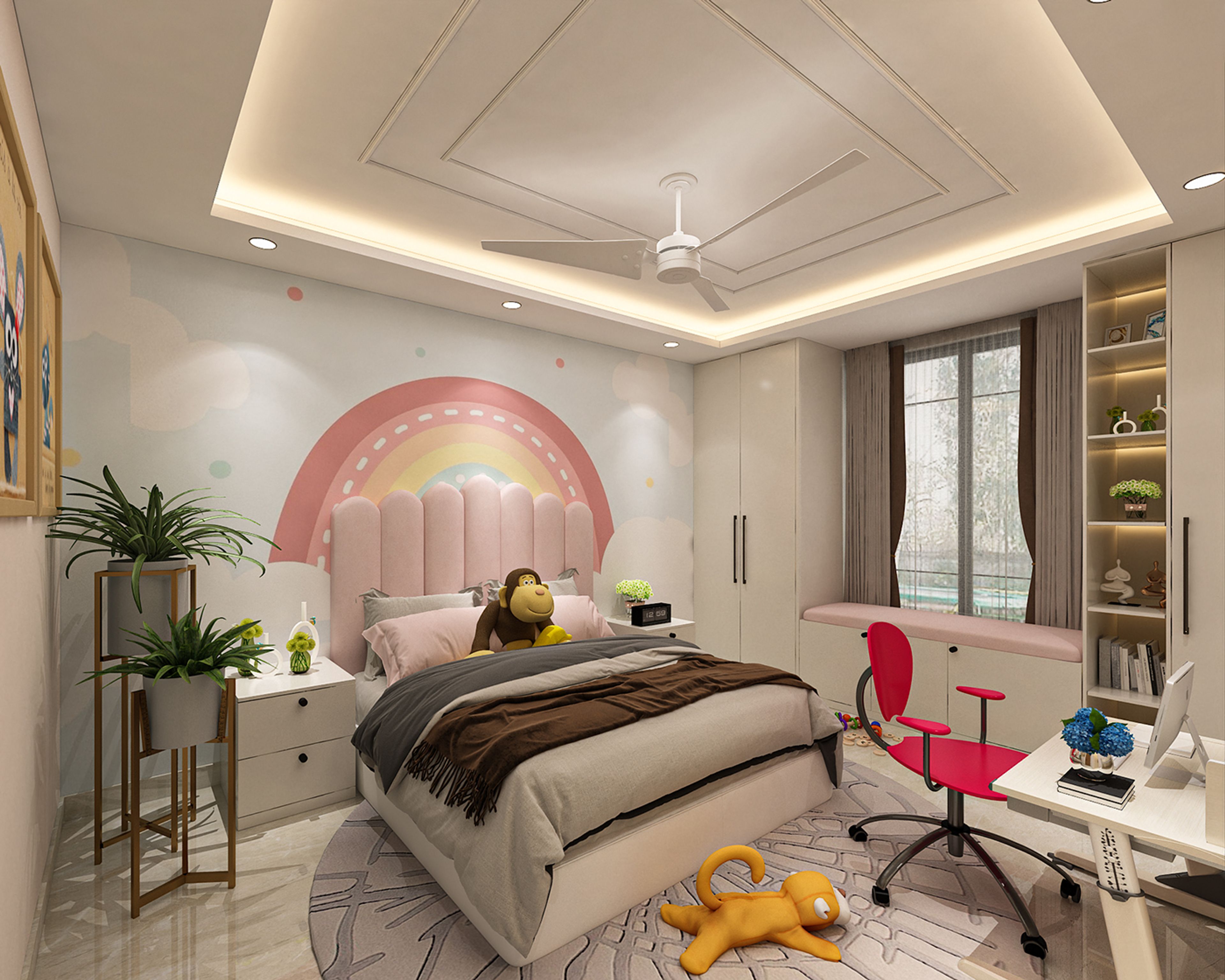 Modern Kids Bedroom with Rainbow Mural and Study Corner