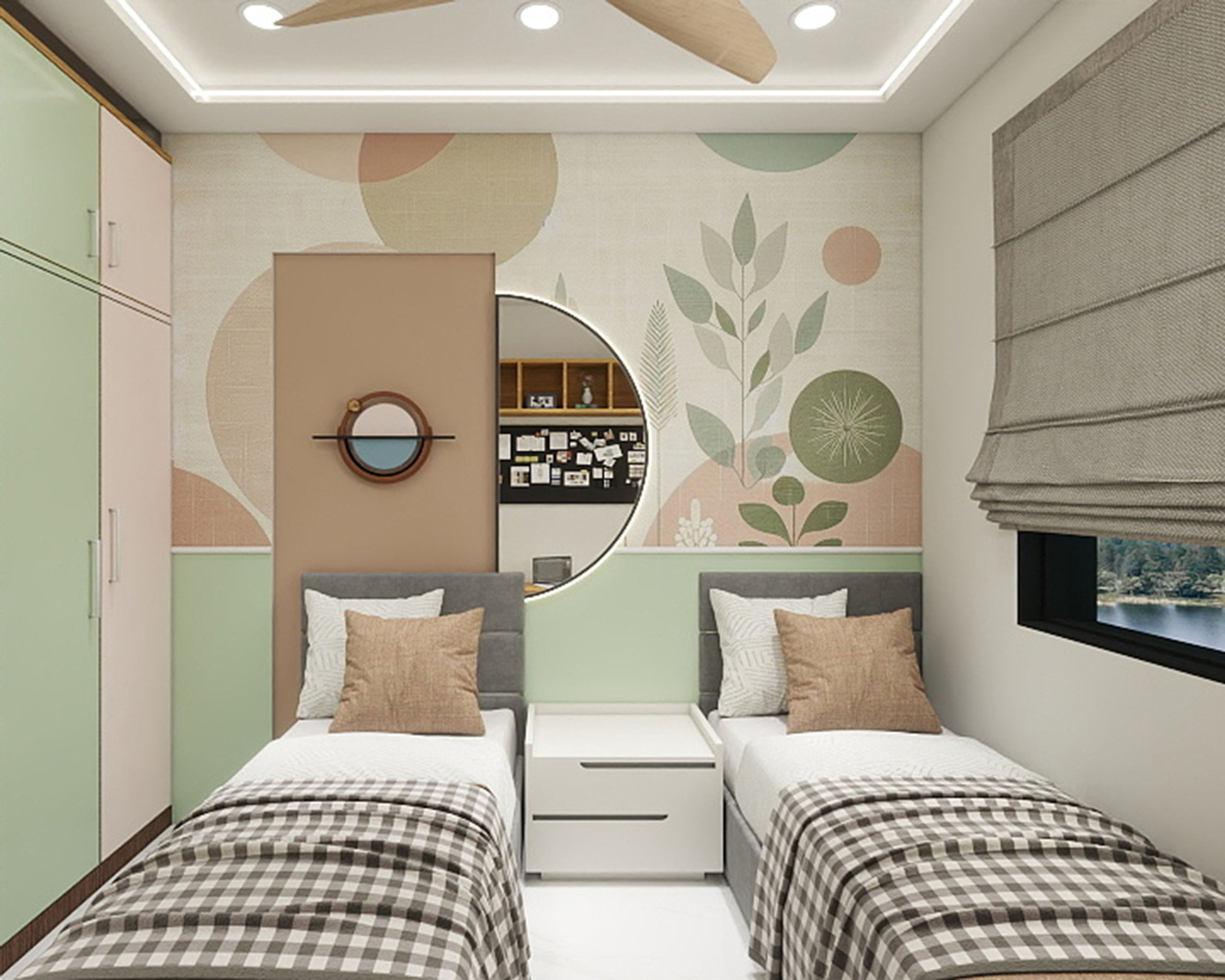 Contemporary Kids Bedroom with Twin Beds and Abstract Geometric Mural