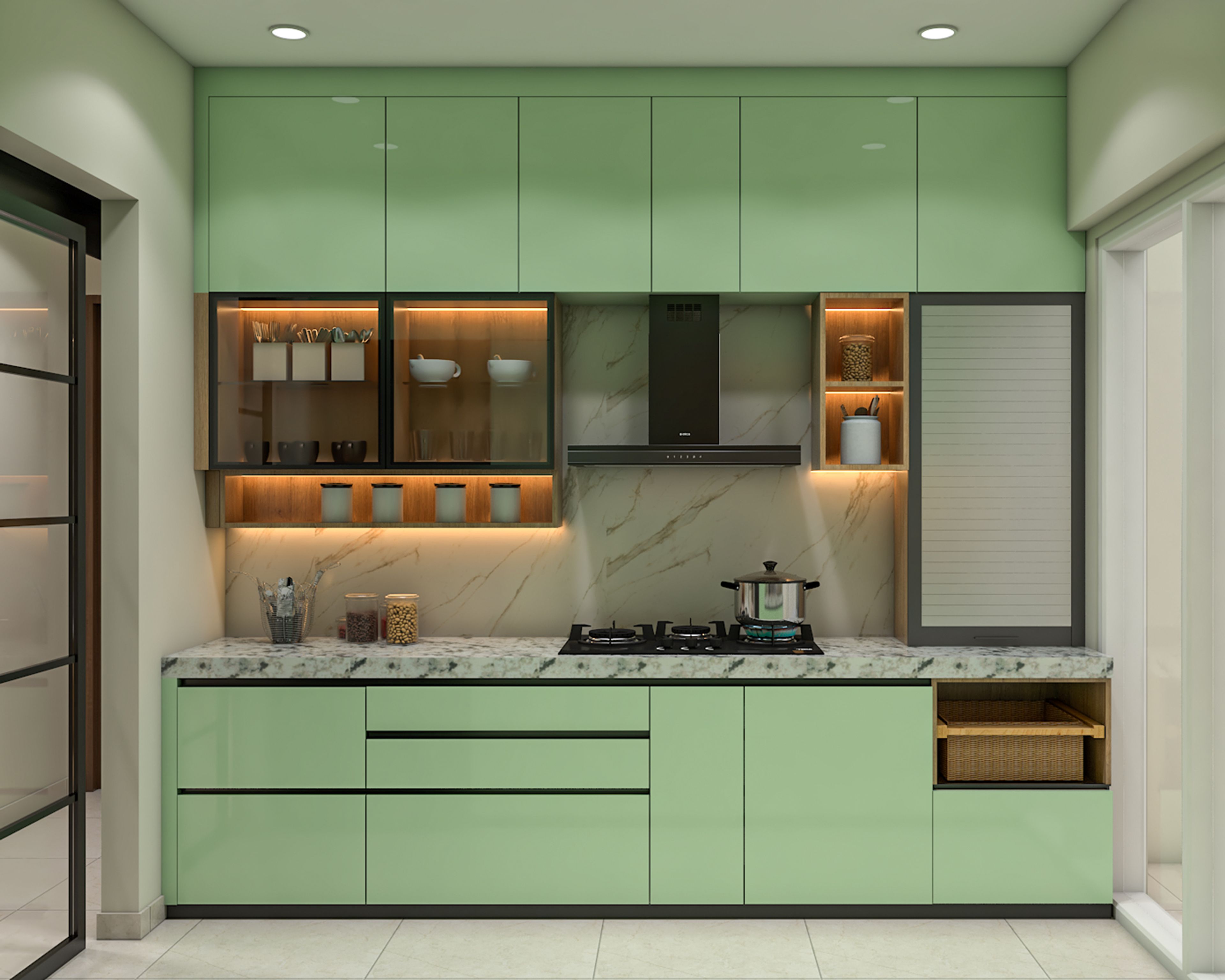 Straight Kitchen Design with Gloss Green Cabinets and Glass Display Unit