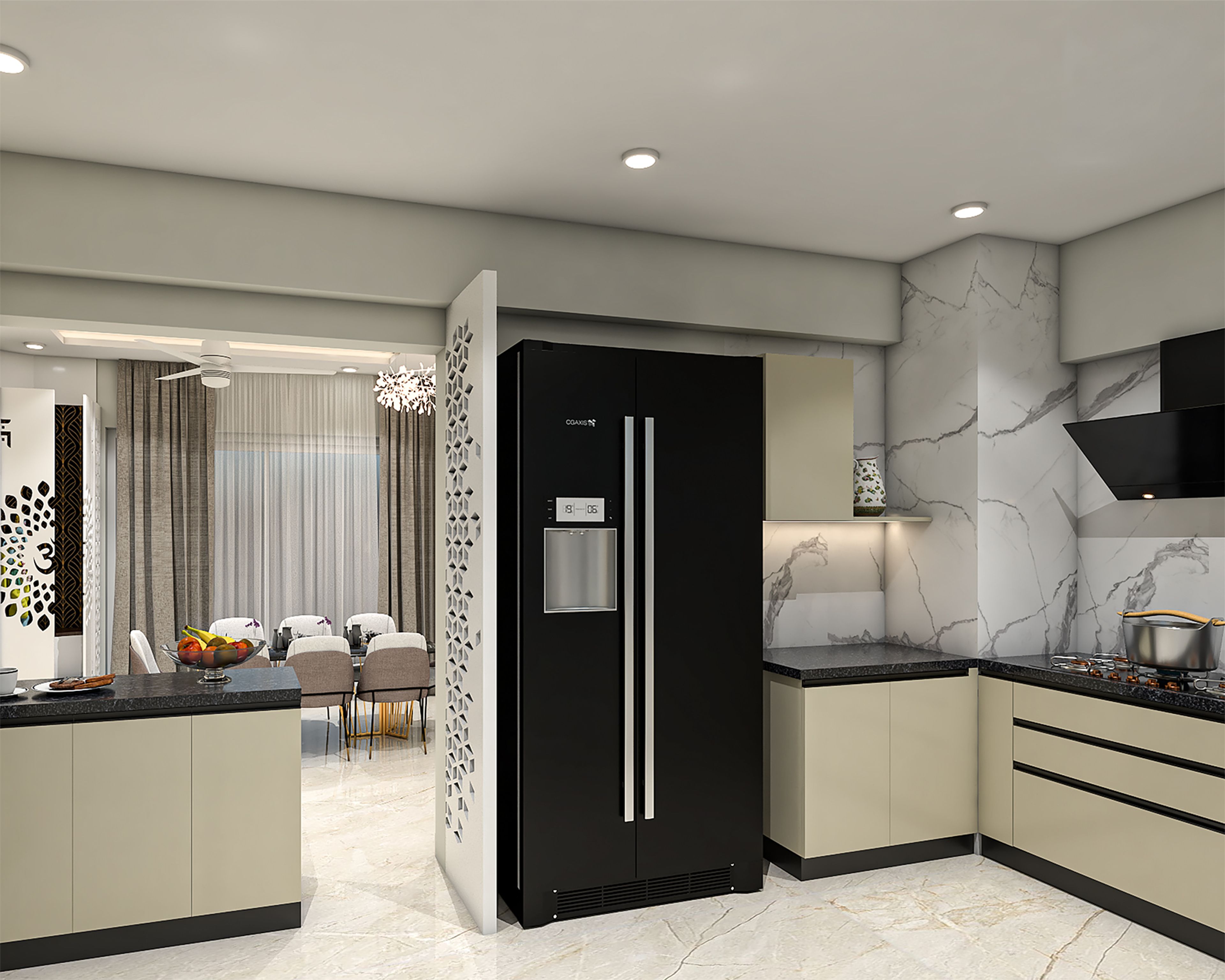 U-Shaped Kitchen Design with Beige Cabinets and Tall Glass Display Unit