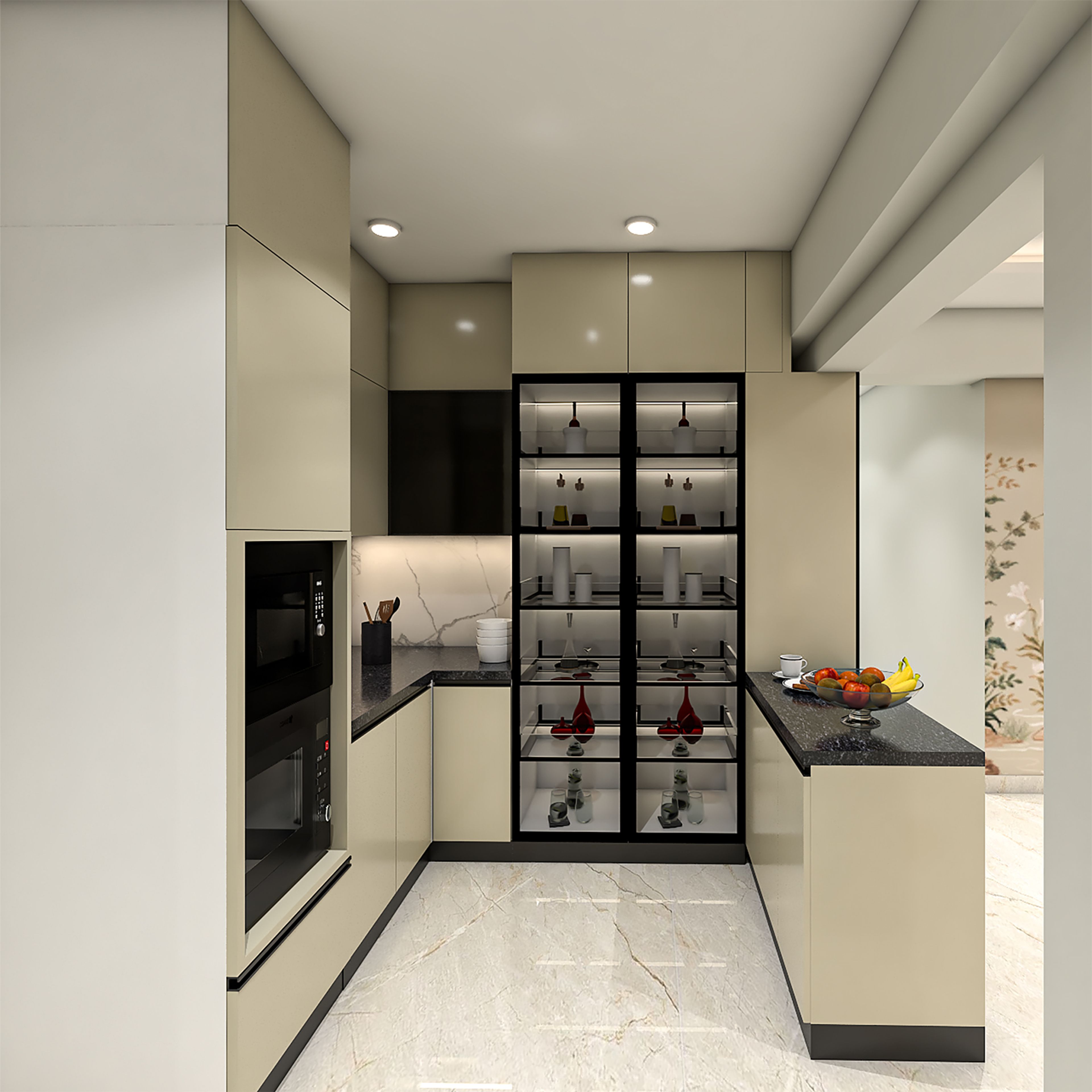 U-Shaped Kitchen Design with Beige Cabinets and Tall Glass Display Unit