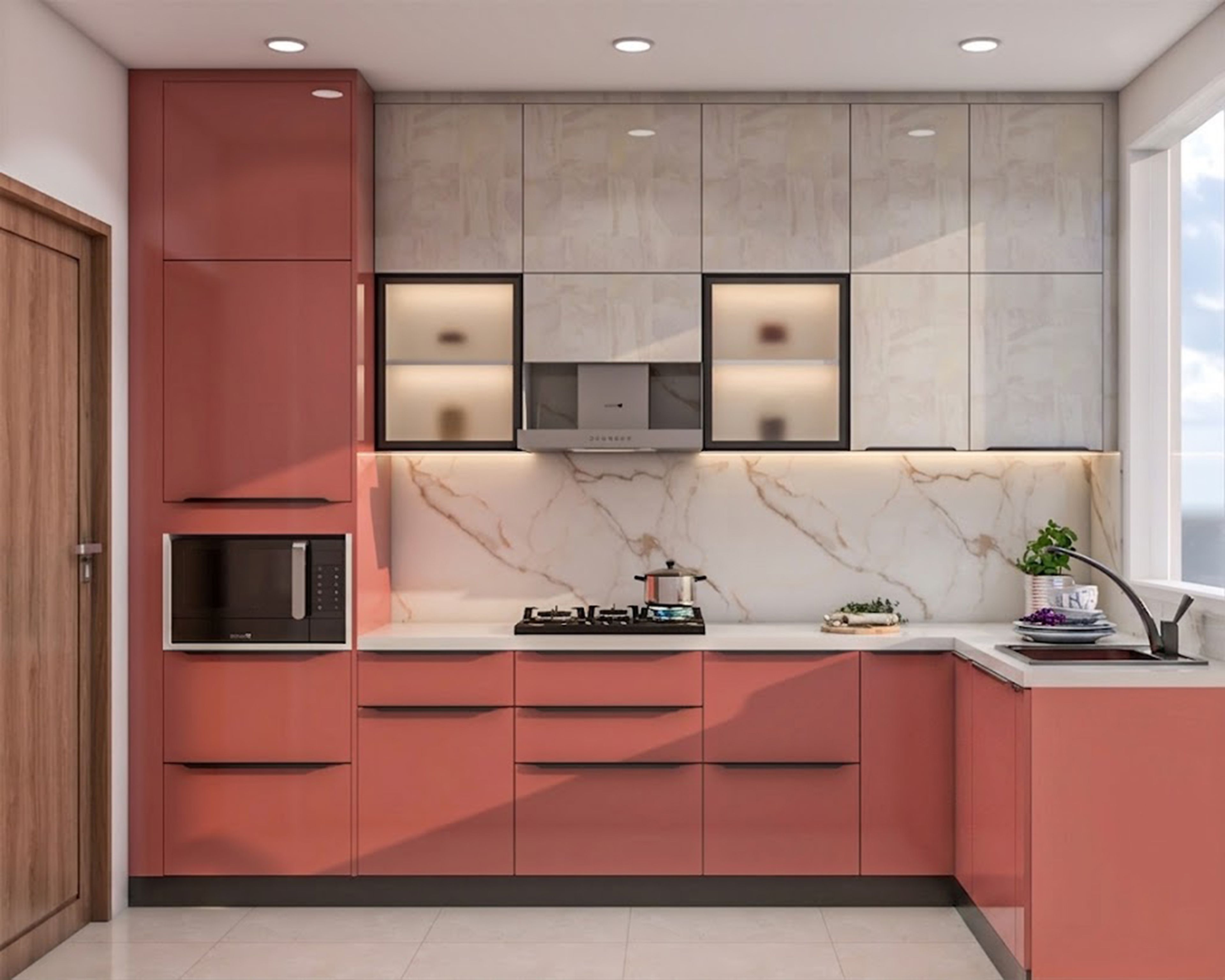 Contemporary L-Shaped Kitchen Design in Pink and Grey