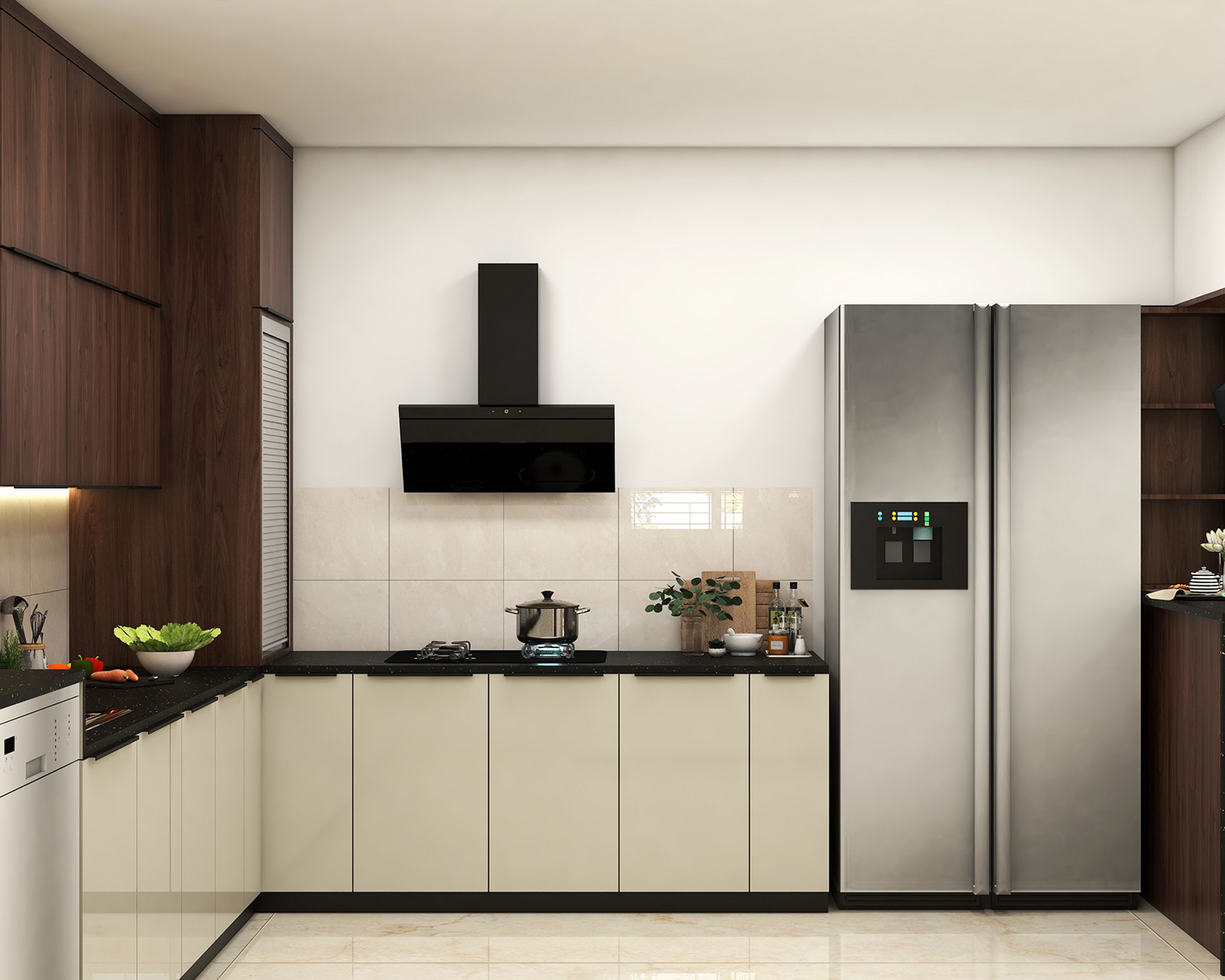 L-Shaped Kitchen Design with Brown Overhead Lofts and Beige Base Cabinets