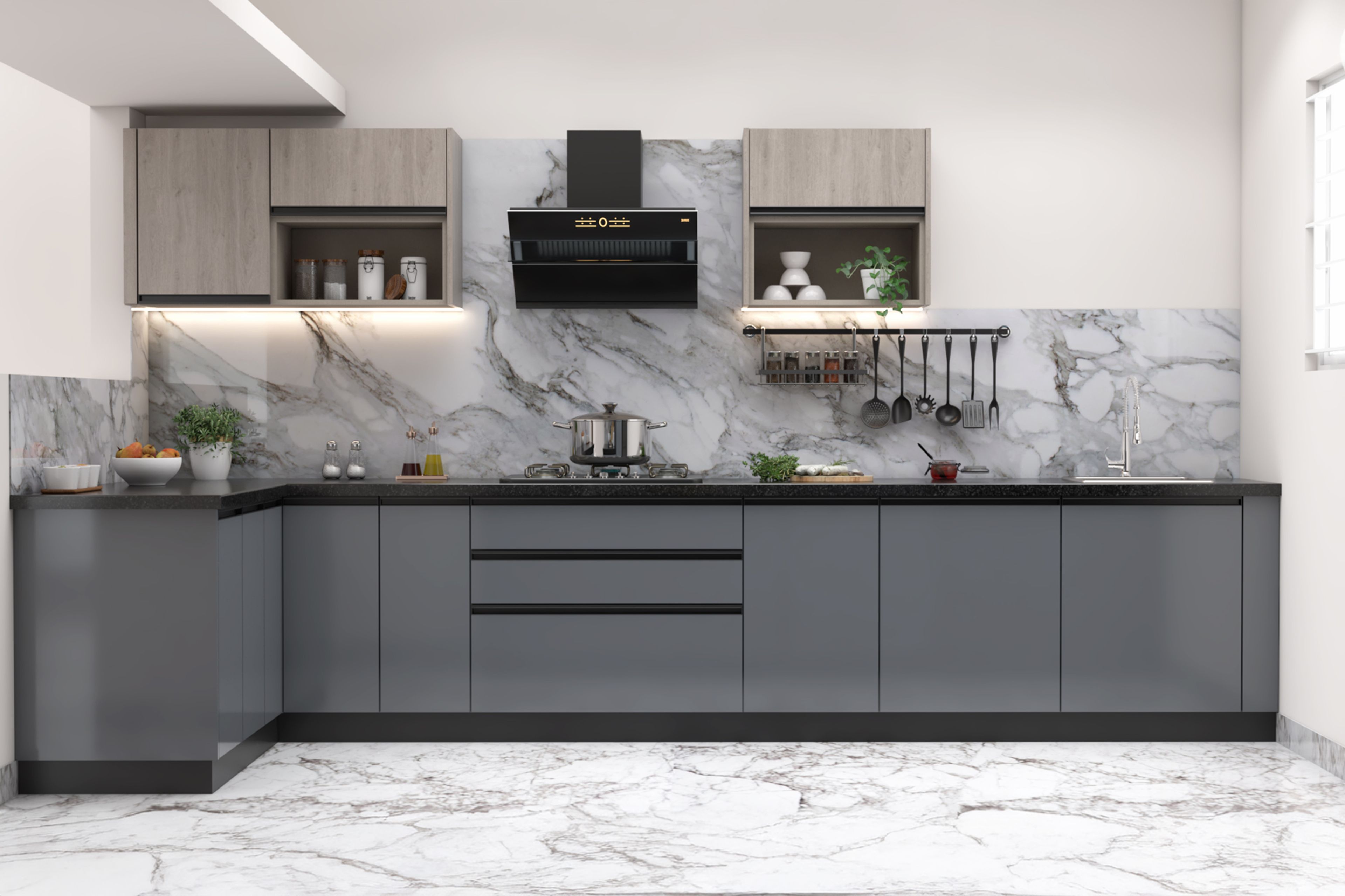 Modern L-Shaped Kitchen Design in Grey and Brown
