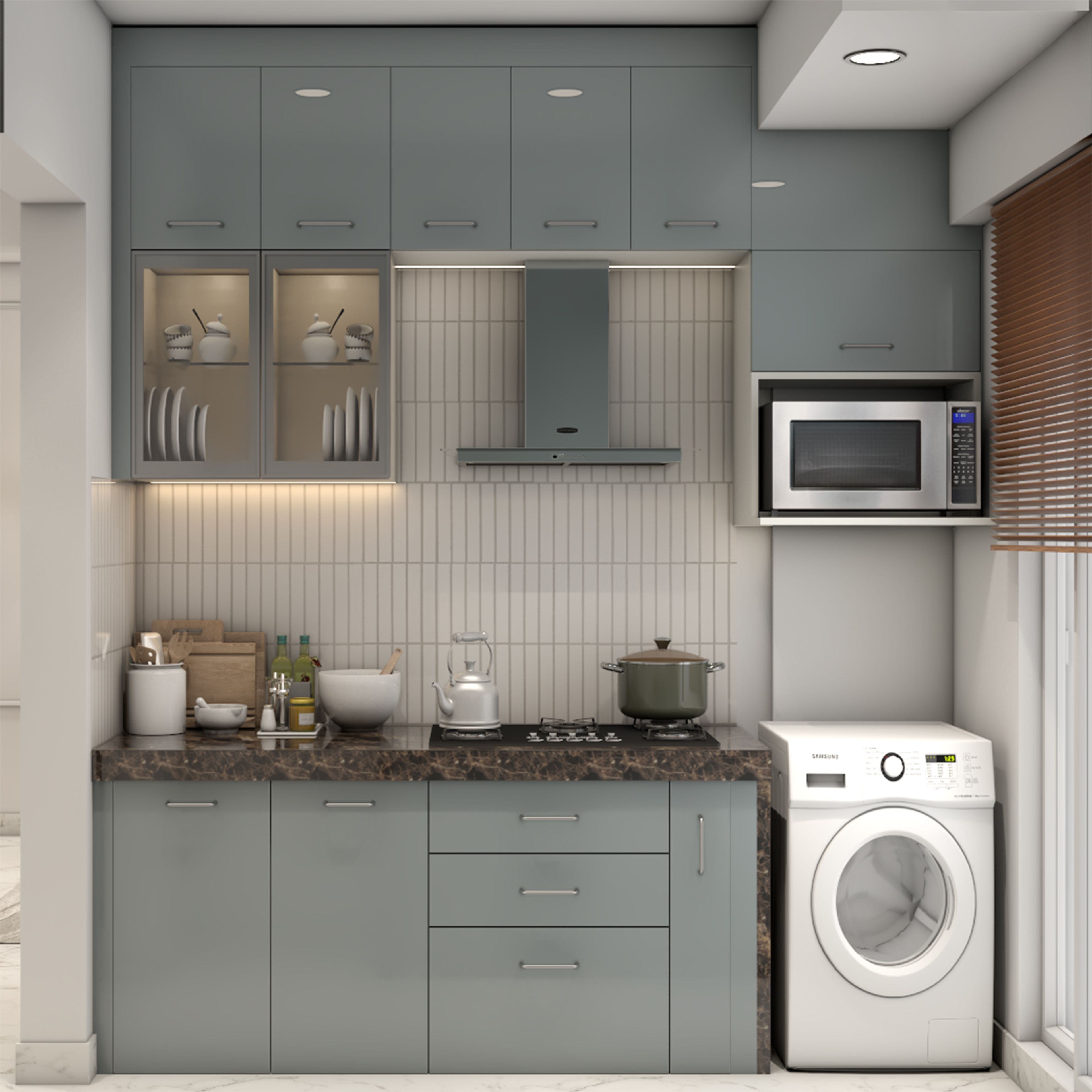 Parallel-Shaped Kitchen Design with Grey Cabinets and Built-In Washing Machine