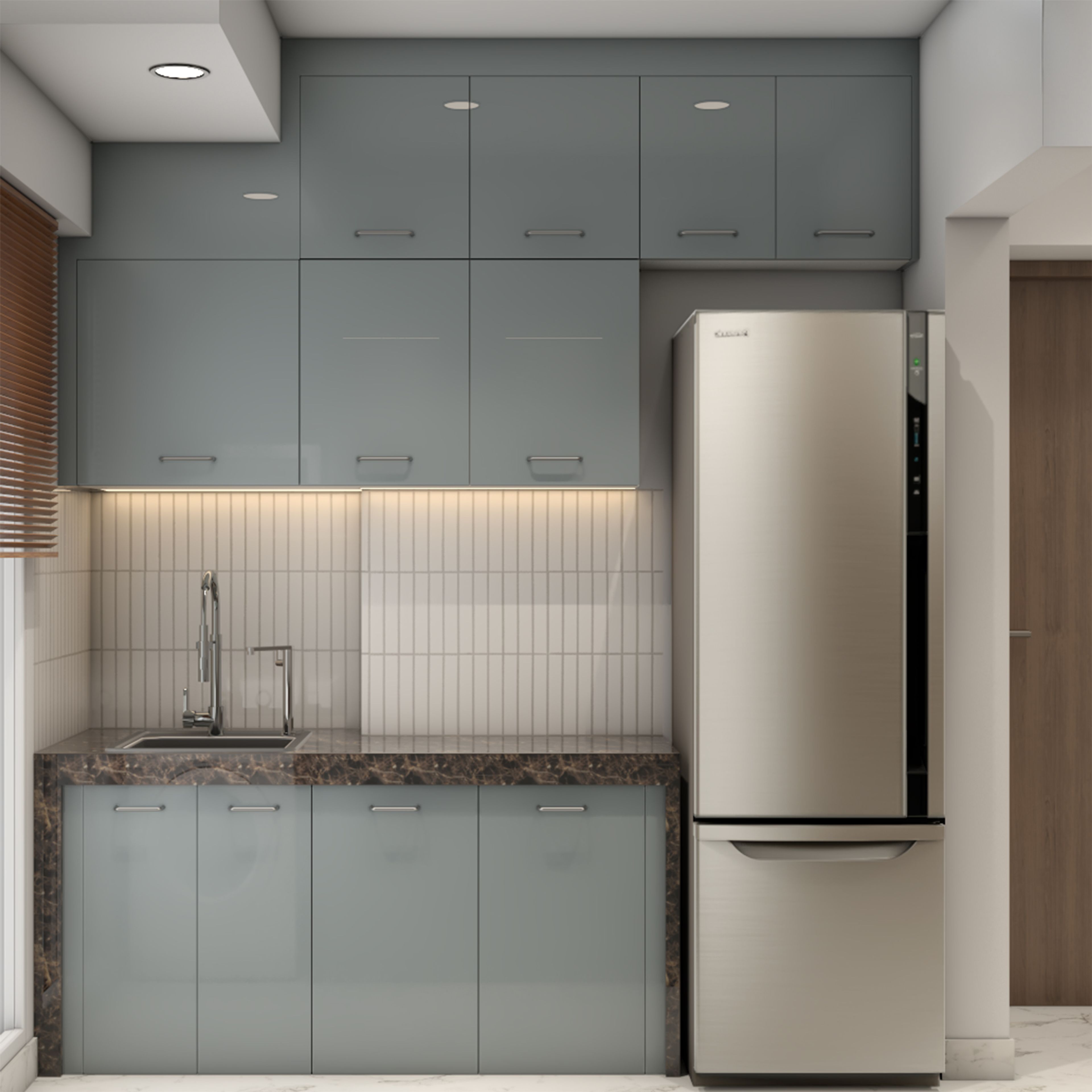 Parallel-Shaped Kitchen Design with Grey Cabinets and Built-In Washing Machine
