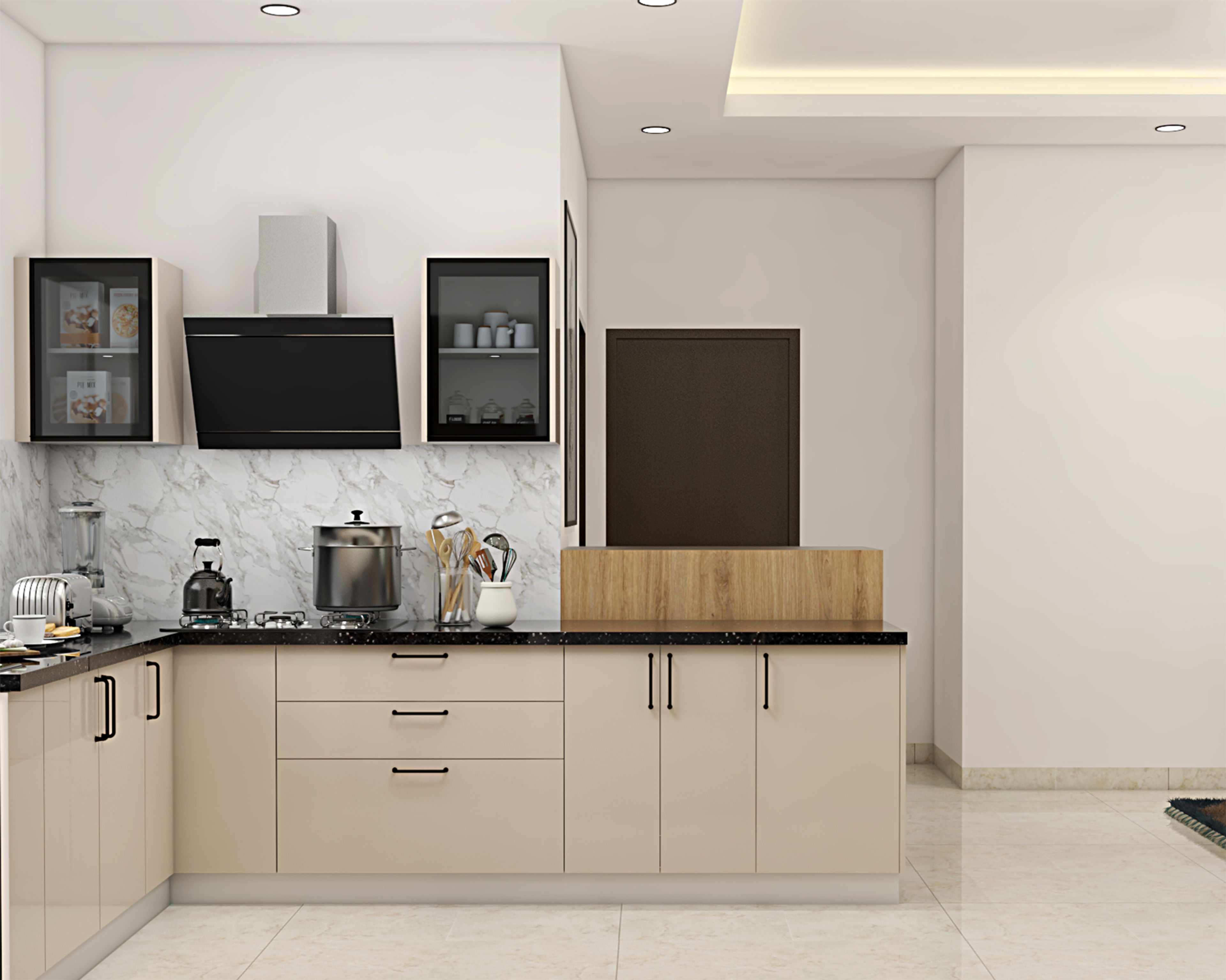 L-Shaped Kitchen Design with Green Overhead Cabinets and Beige Base Units