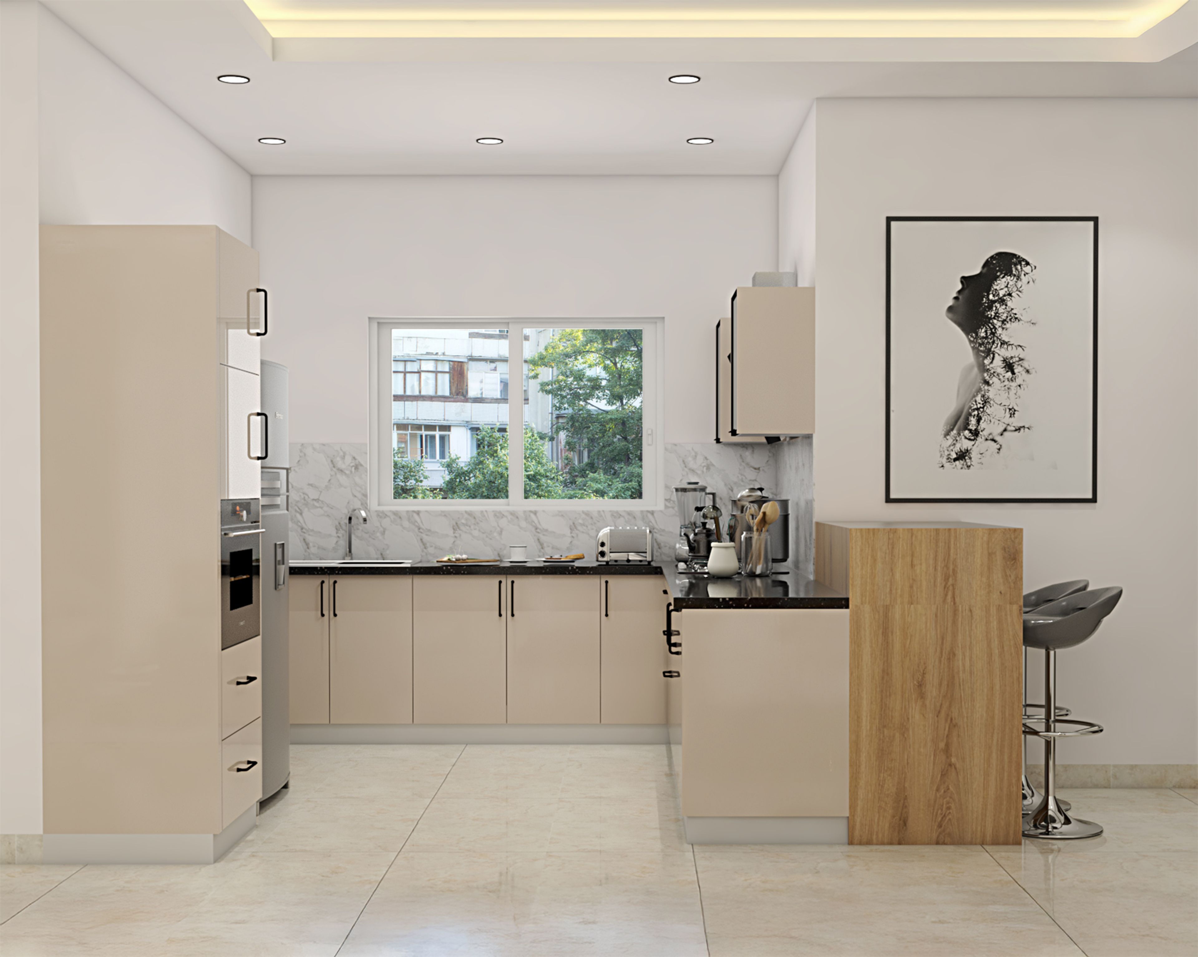 L-Shaped Kitchen Design with Green Overhead Cabinets and Beige Base Units
