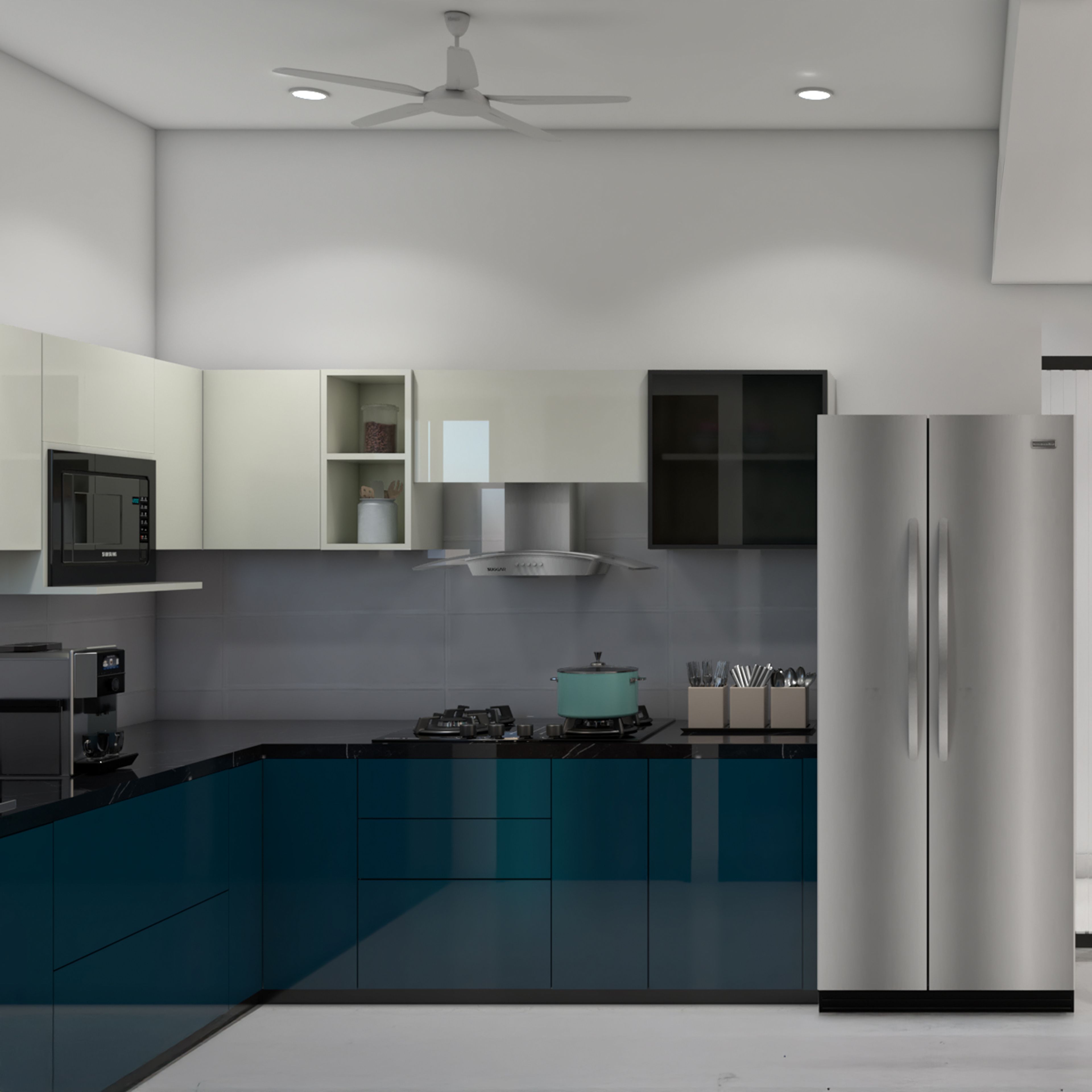 L-Shaped Kitchen Design with Blue Base Cabinets and White Wall Cabinets