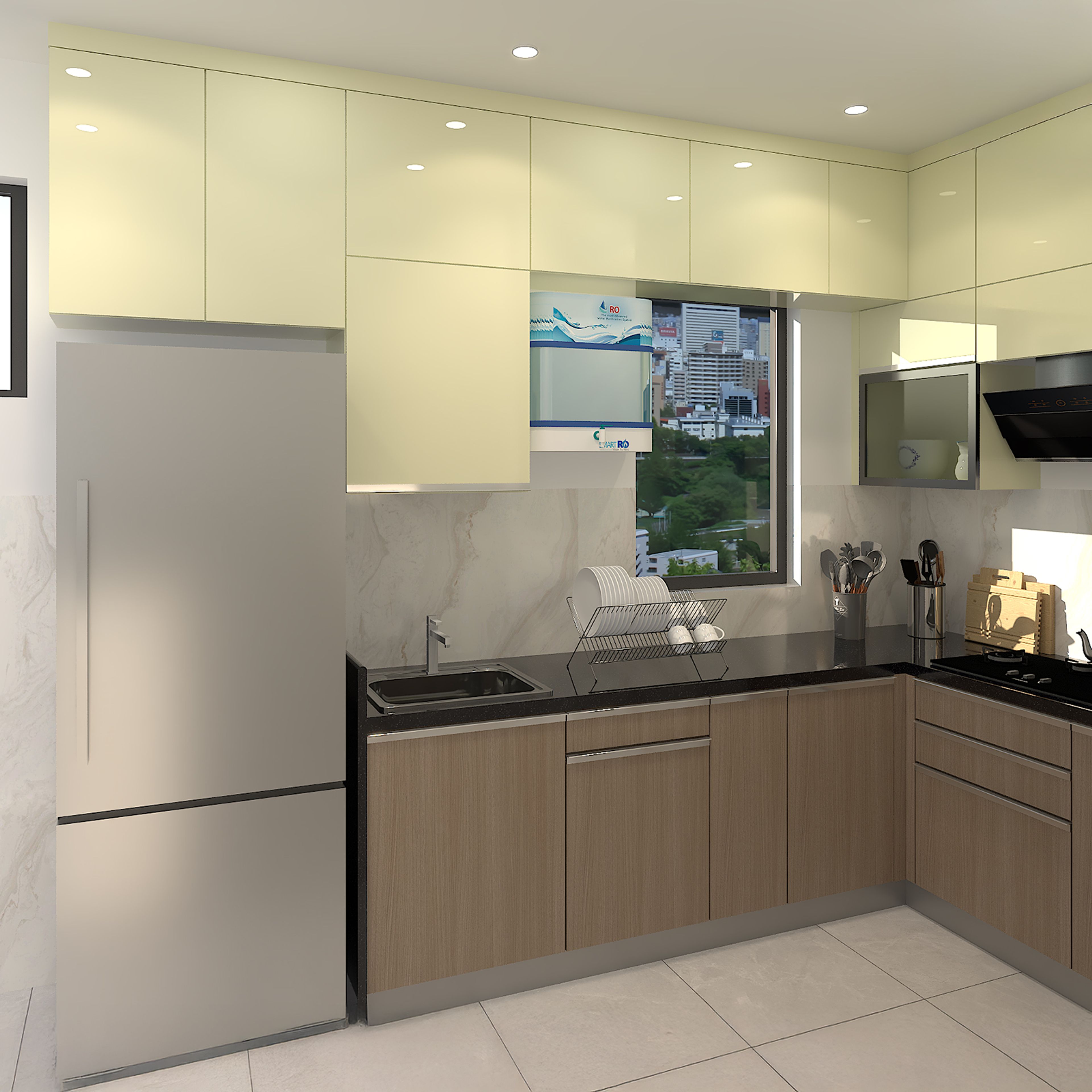 L-Shaped Kitchen Design with White Overhead Cabinets and Wood Grain Base Units