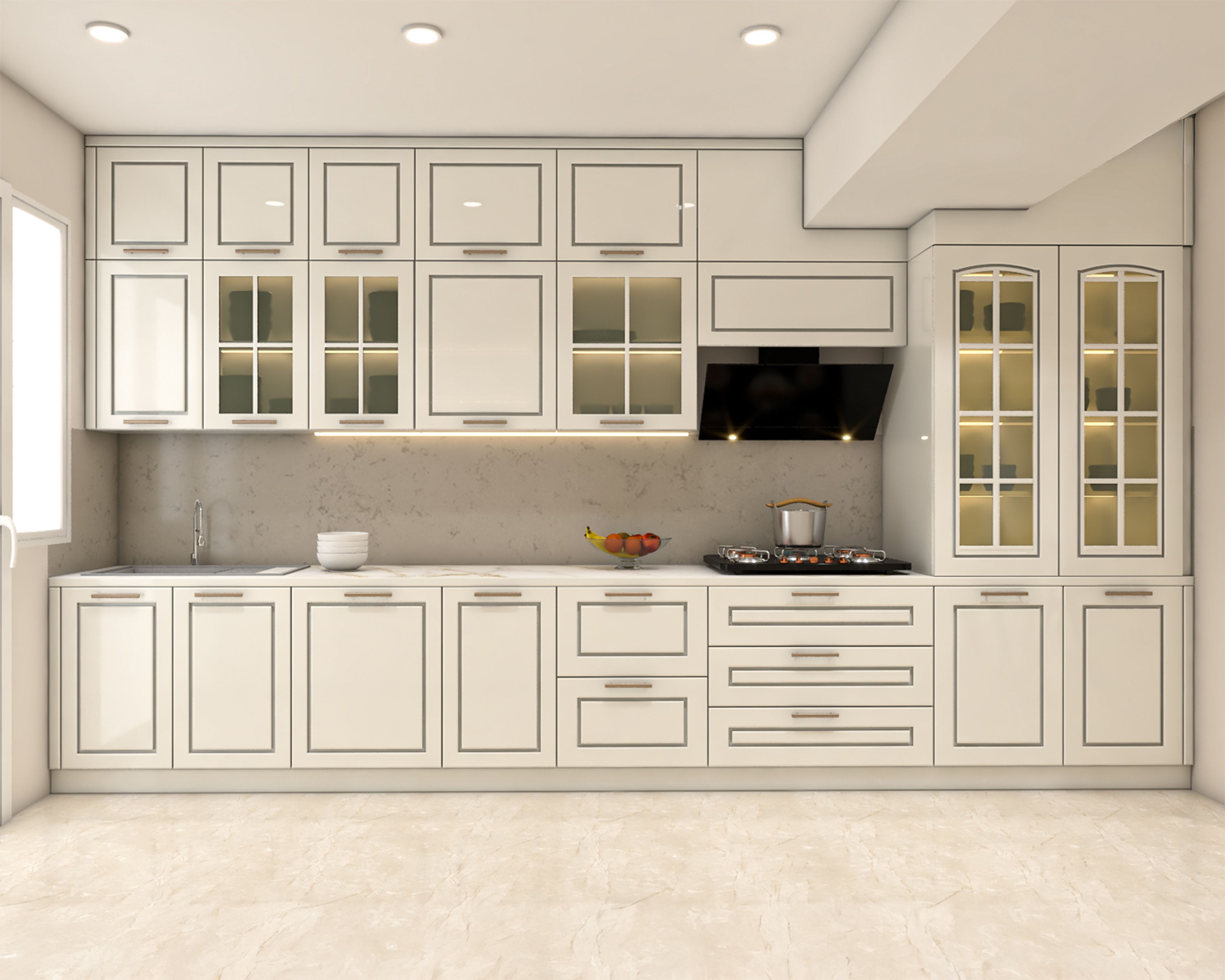 Open Kitchen Design with White Framed Cabinets and Glass Display Units