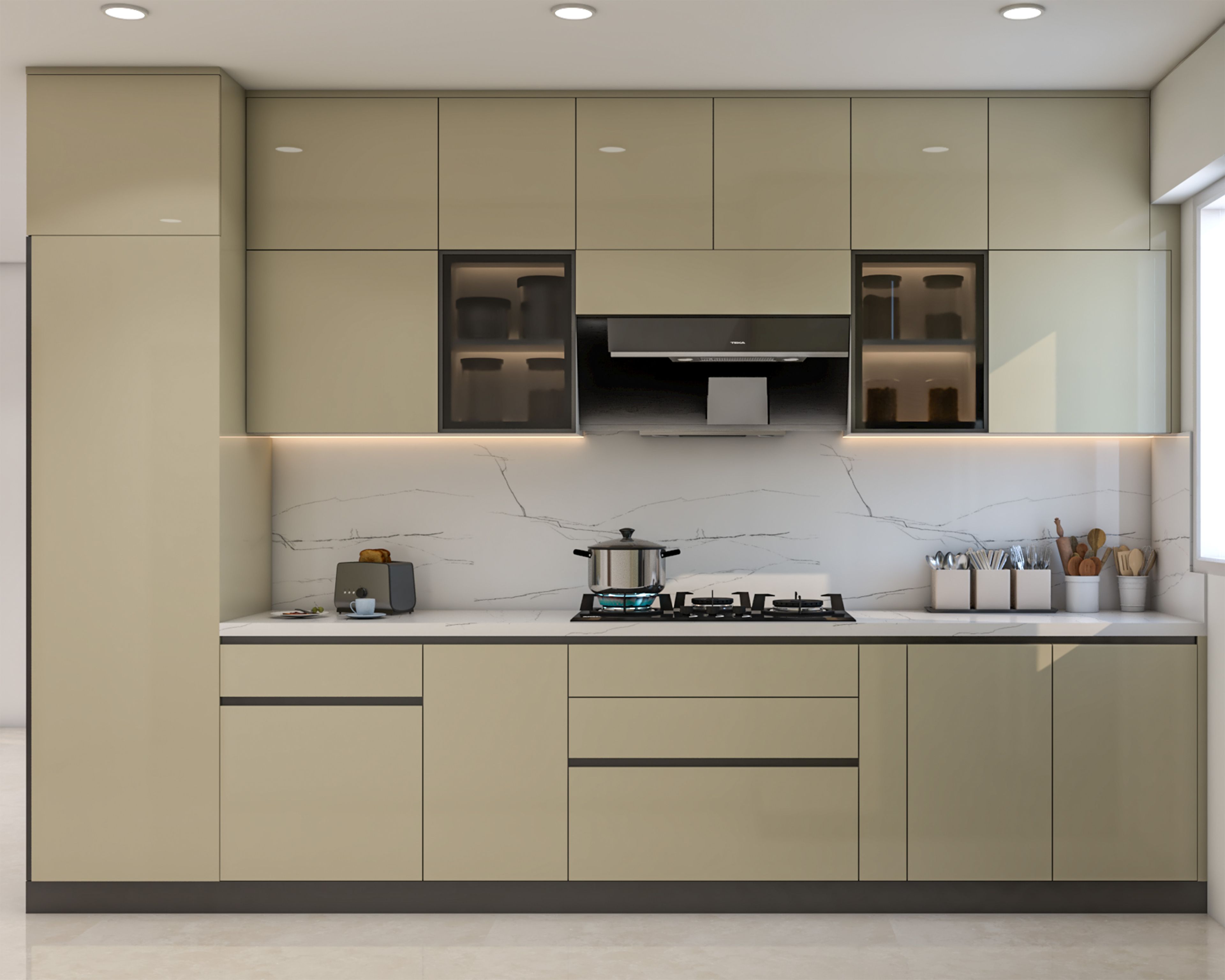Open Kitchen Design with Beige Glossy Units and Dark Glass Cabinets