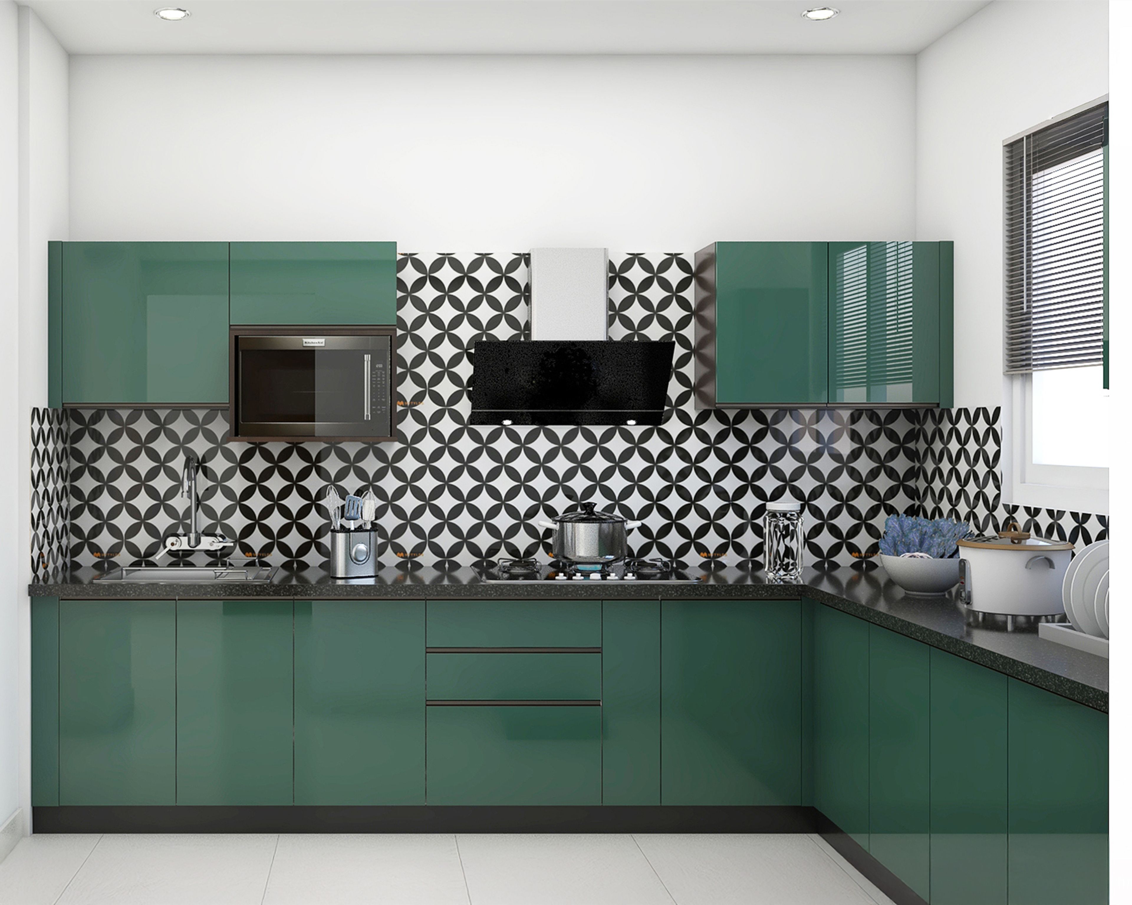 L-Shaped Kitchen Design with Green Glossy Cabinets and Patterned Backsplash