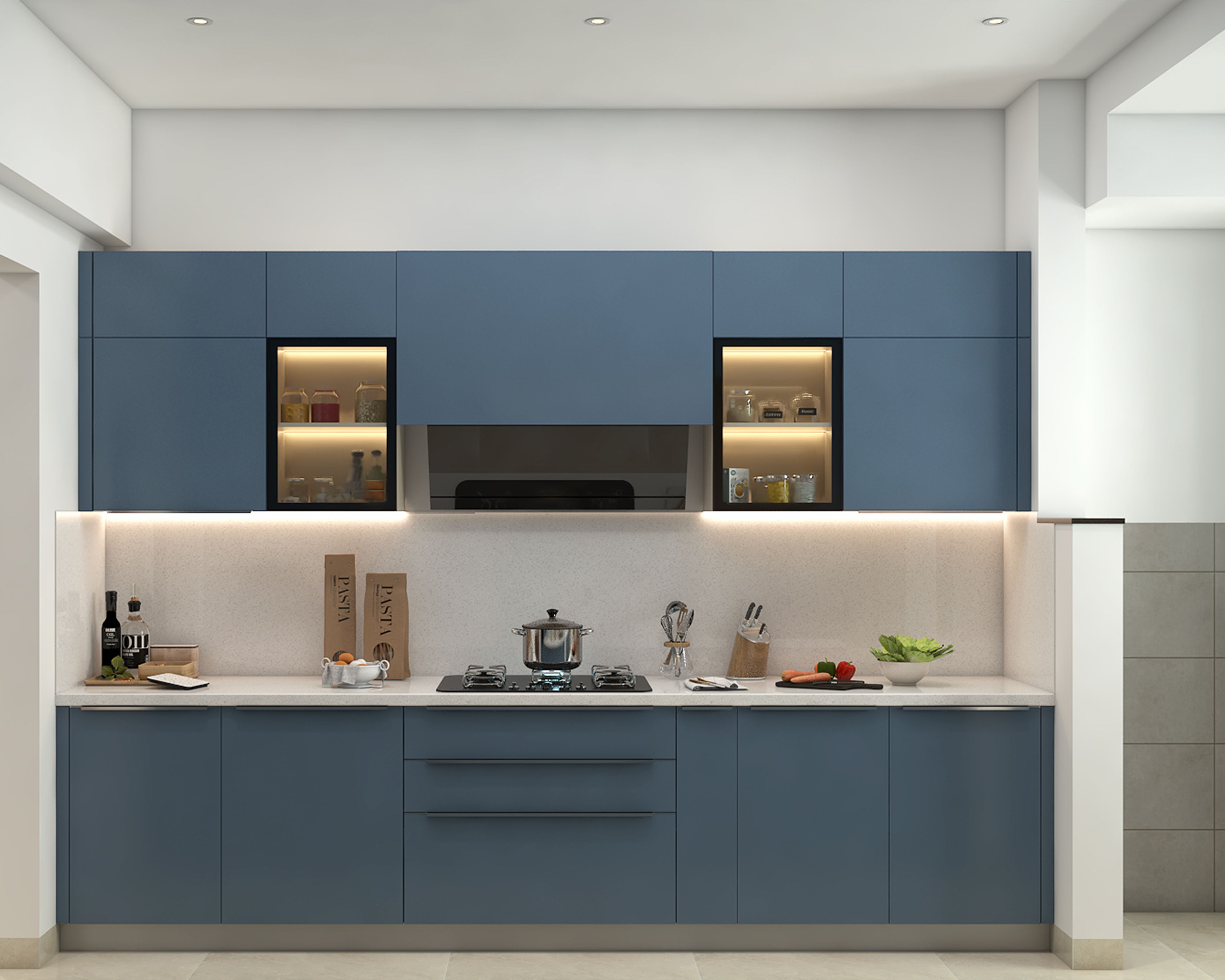 Parallel Kitchen Design with Blue Suede Units and Glass Display Cabinets