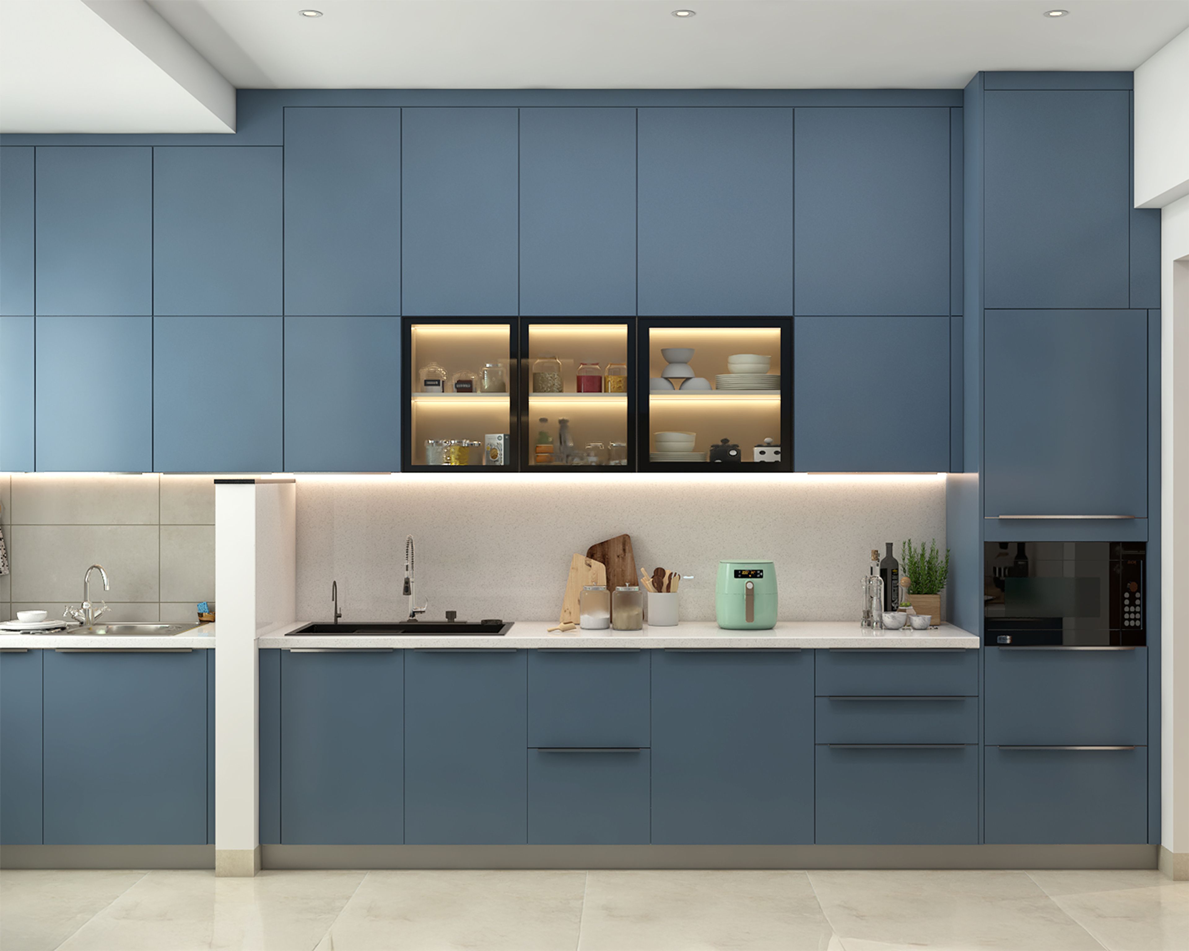 Parallel Kitchen Design with Blue Suede Units and Glass Display Cabinets