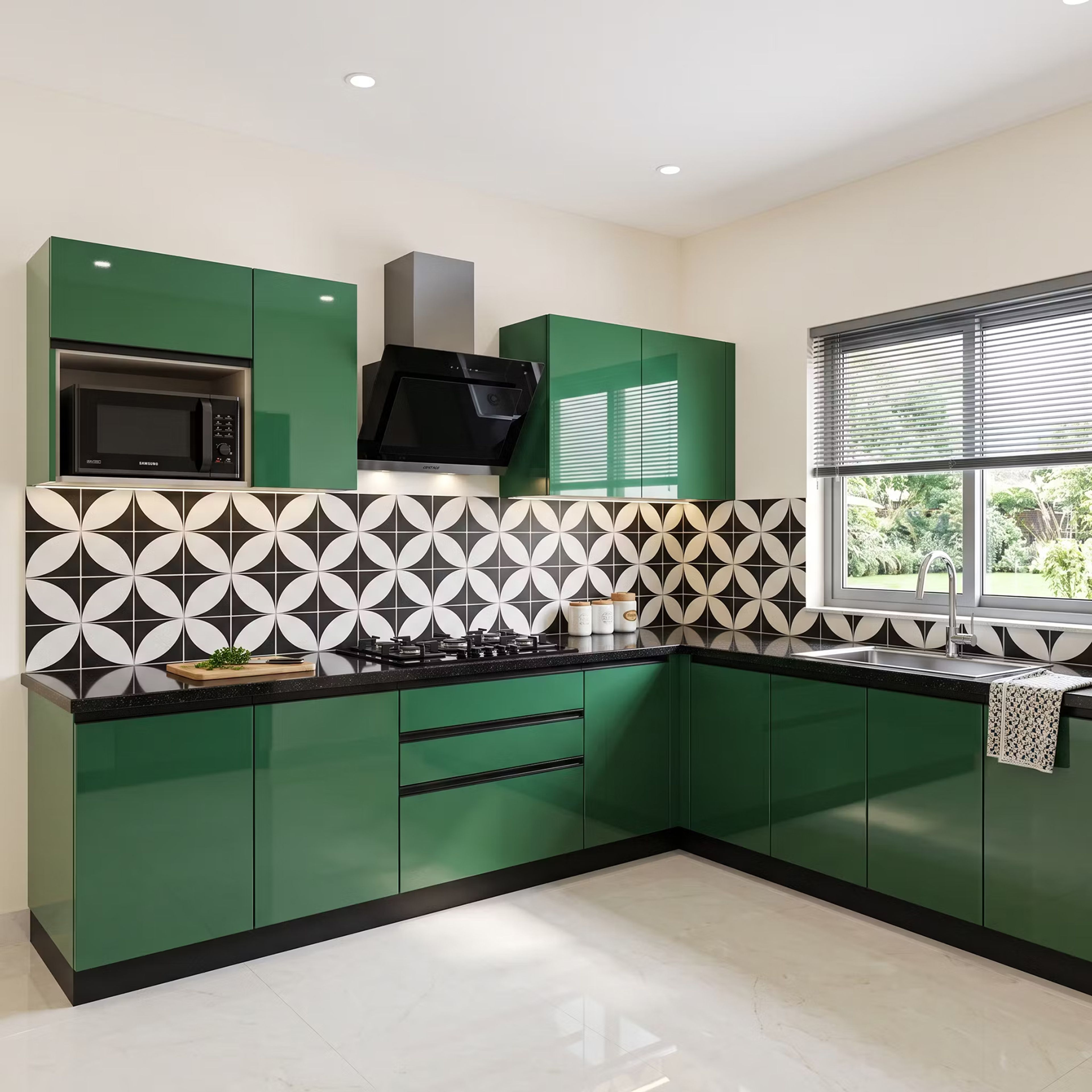 L-Shaped Kitchen Design with Emerald Green Cabinets and Stainless Steel Sink