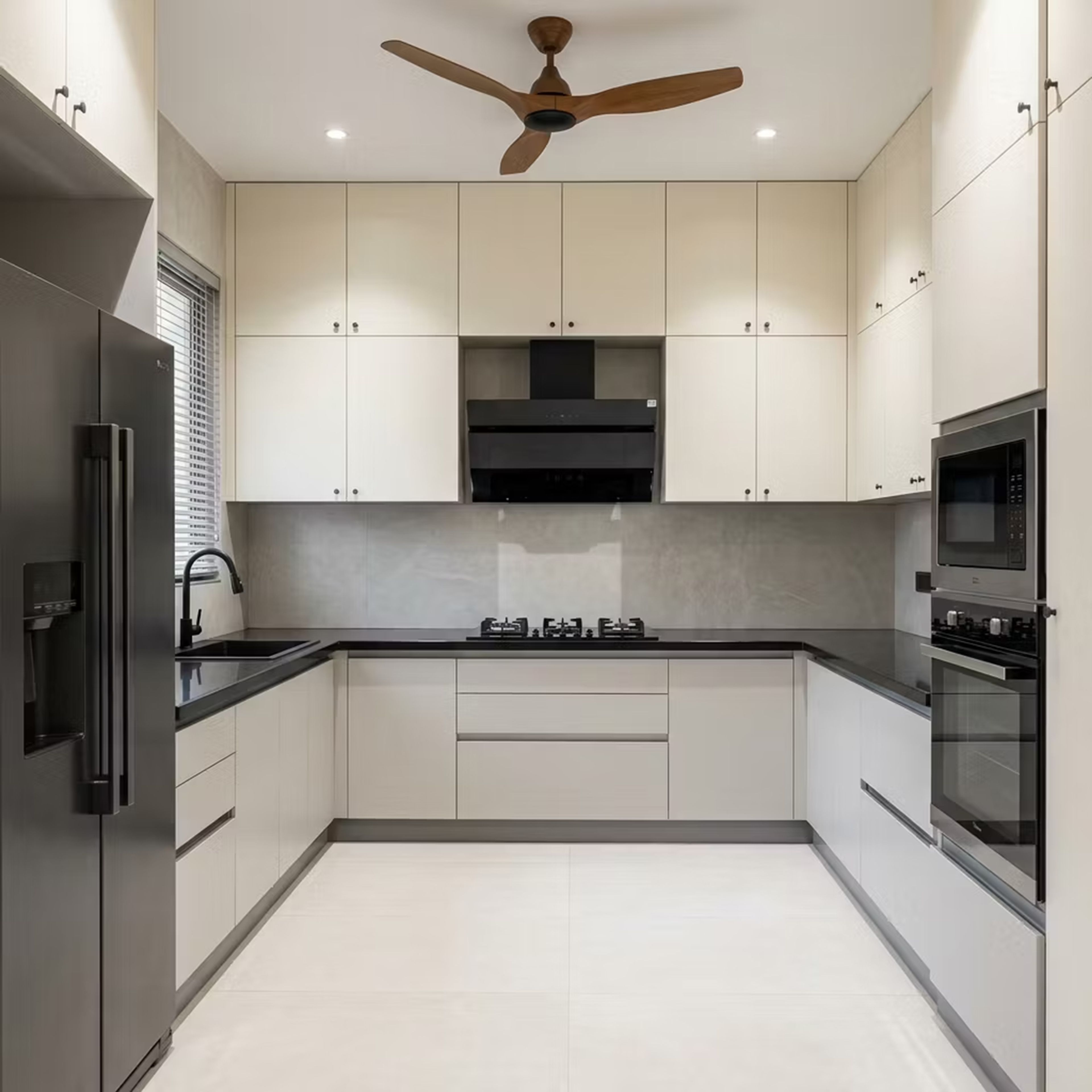 U-Shaped Kitchen Design with White Base Cabinets and Built-In Oven Unit