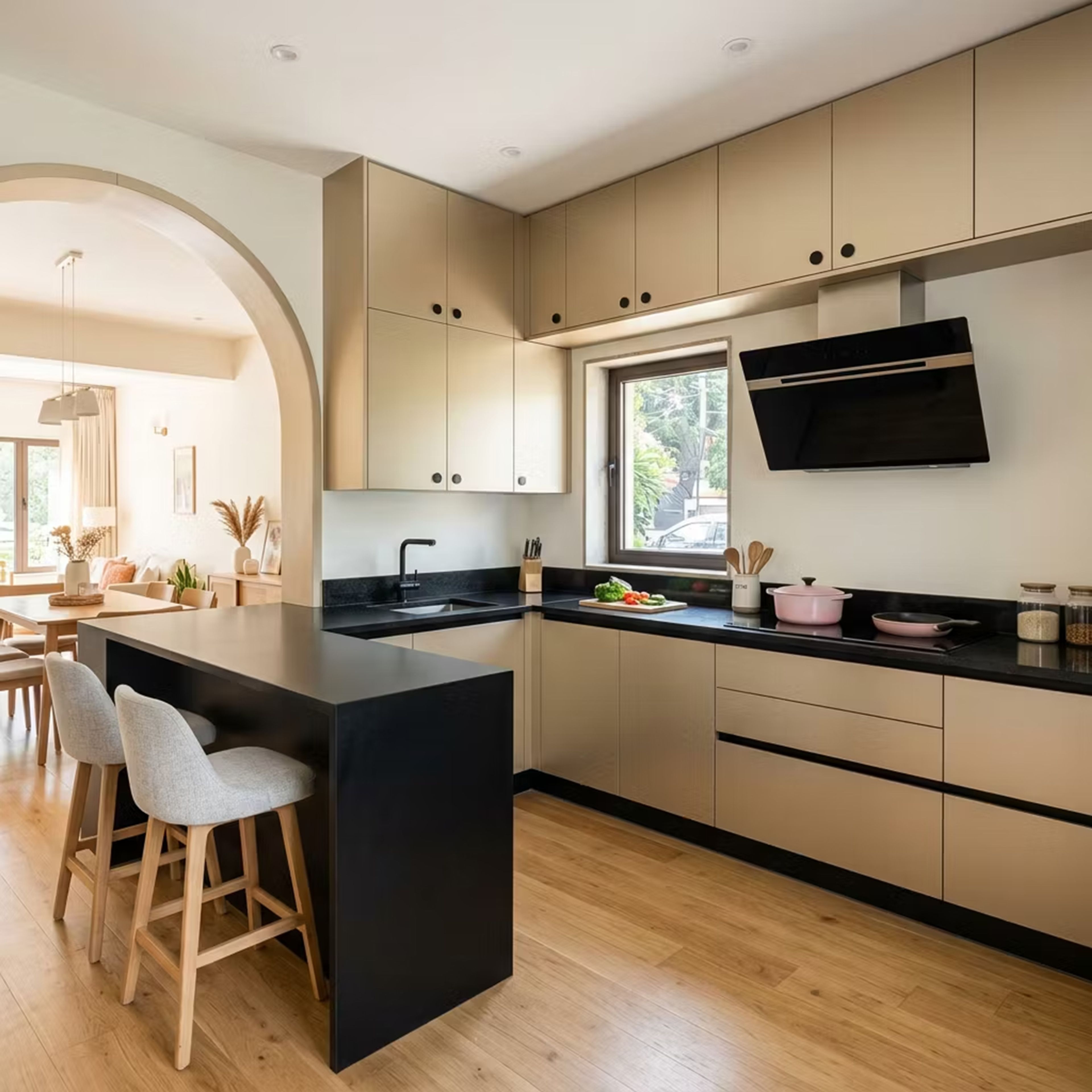 U-Shaped Kitchen Design with Beige Cabinets and Integrated Breakfast Peninsula