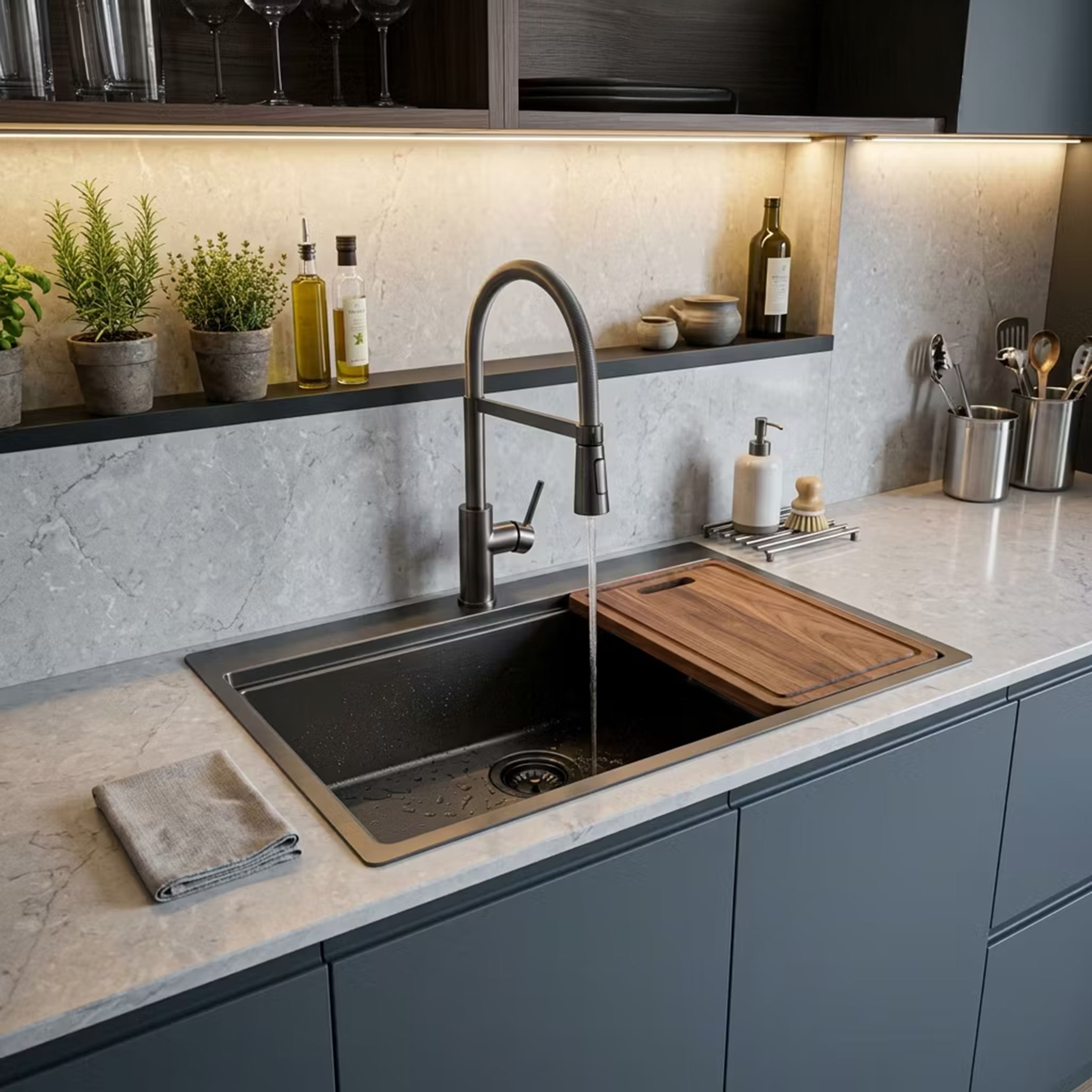 Black Matte Single Bowl Kitchen Sink Design with Wooden Cutting Board