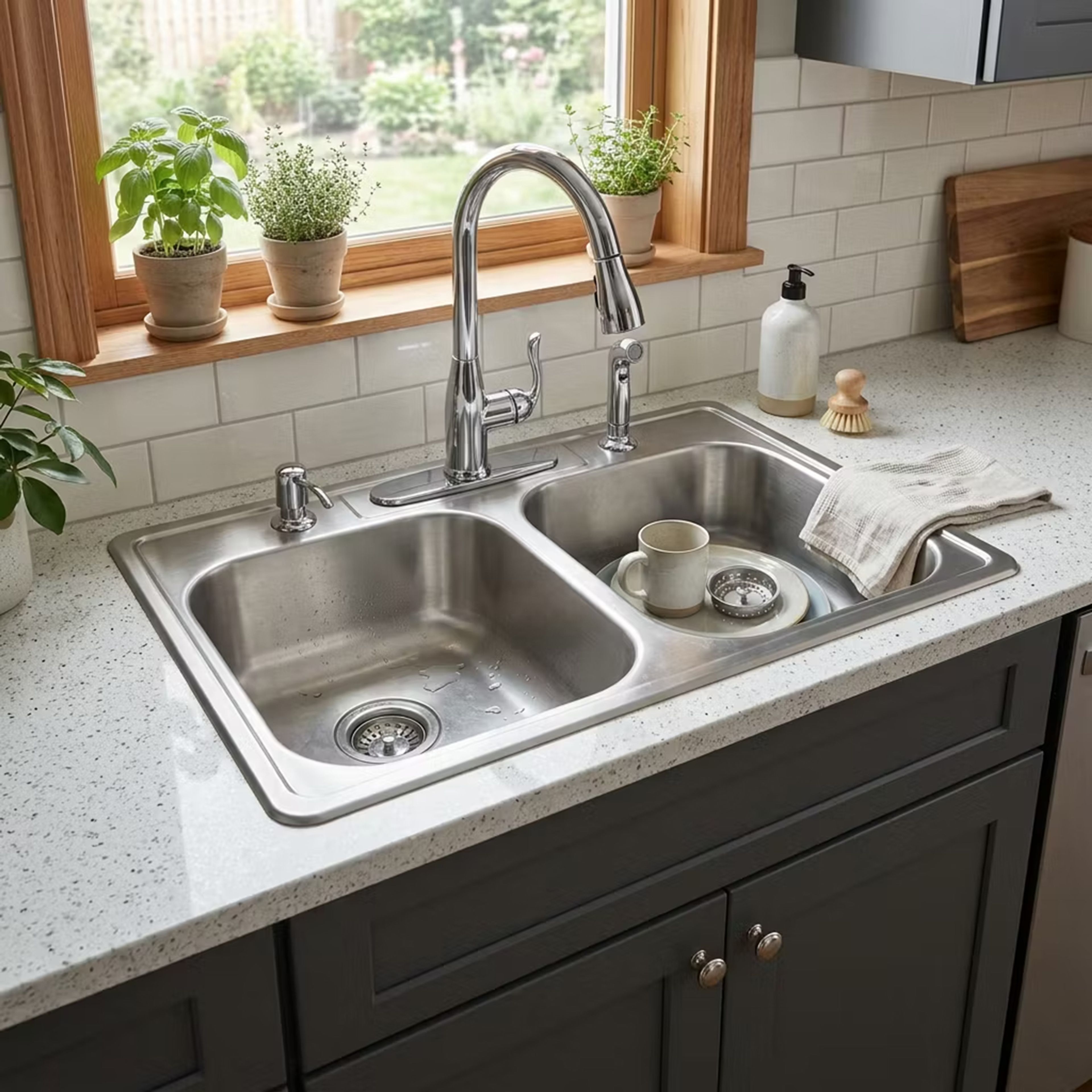 Stainless Steel Dual Bowl Kitchen Sink Design with Side Sprayer