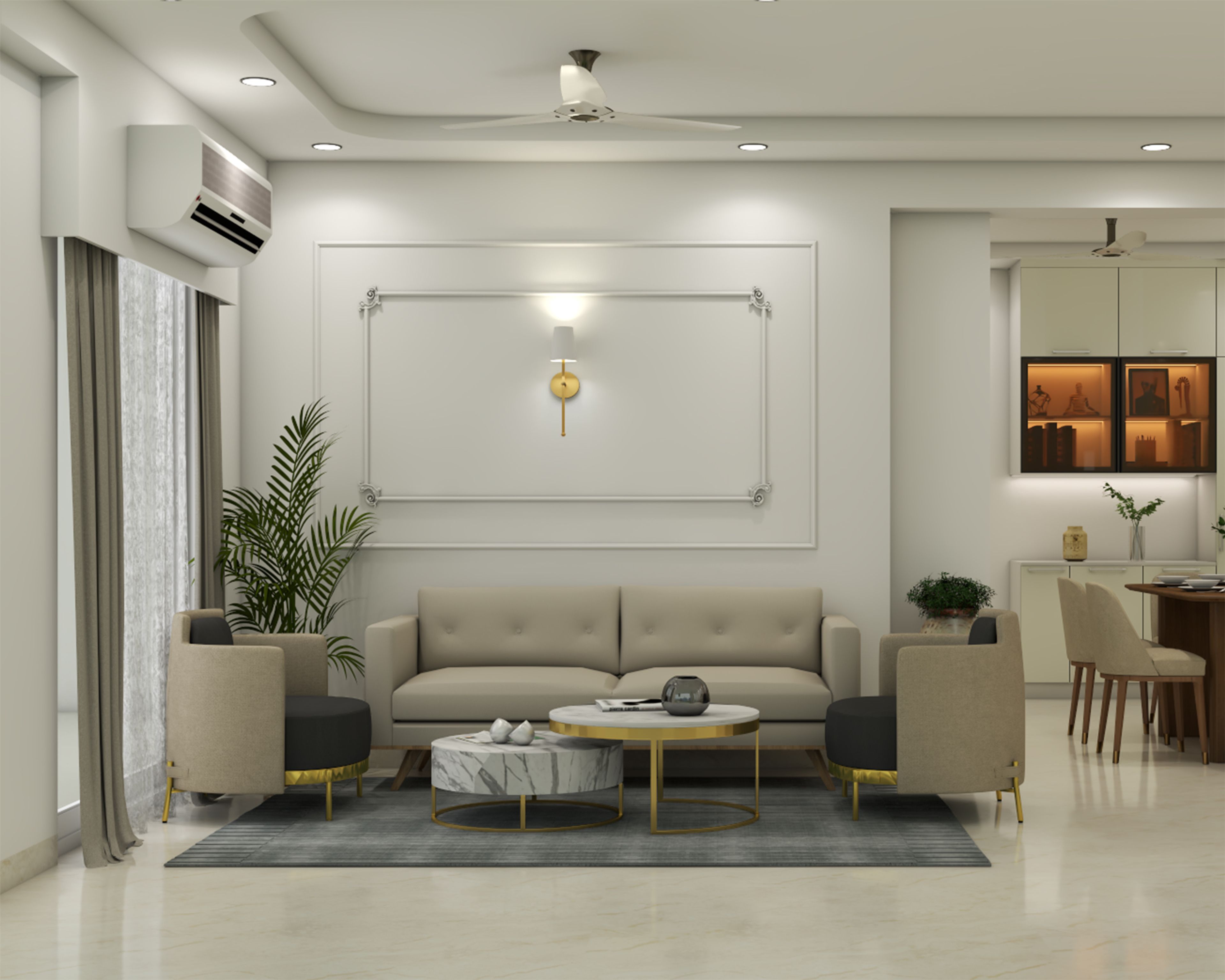 Transitional Living Room Design with Geometric Wall Molding and Tub Armchairs