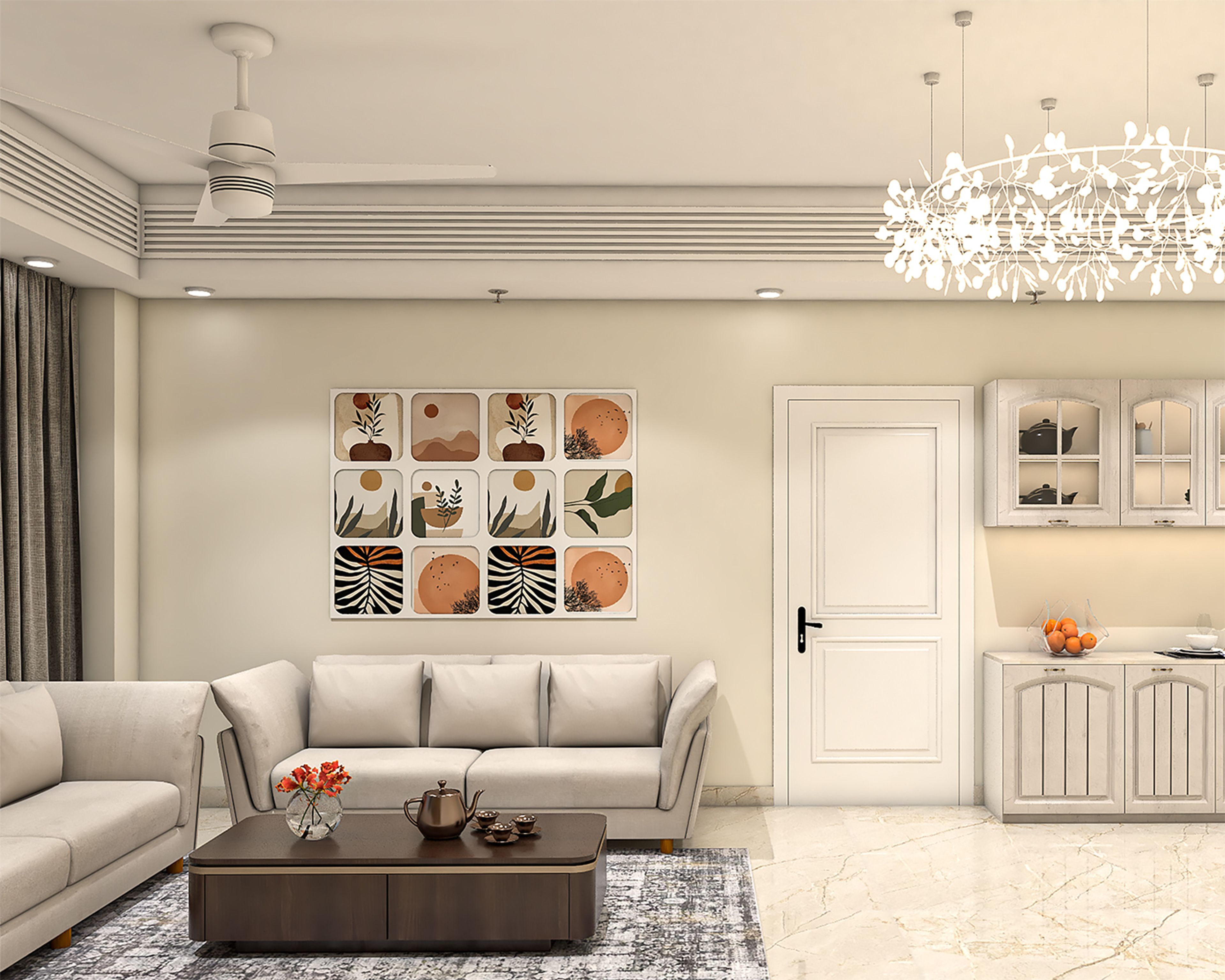 Contemporary Living Room Design with Botanical Gallery Wall and Chandelier