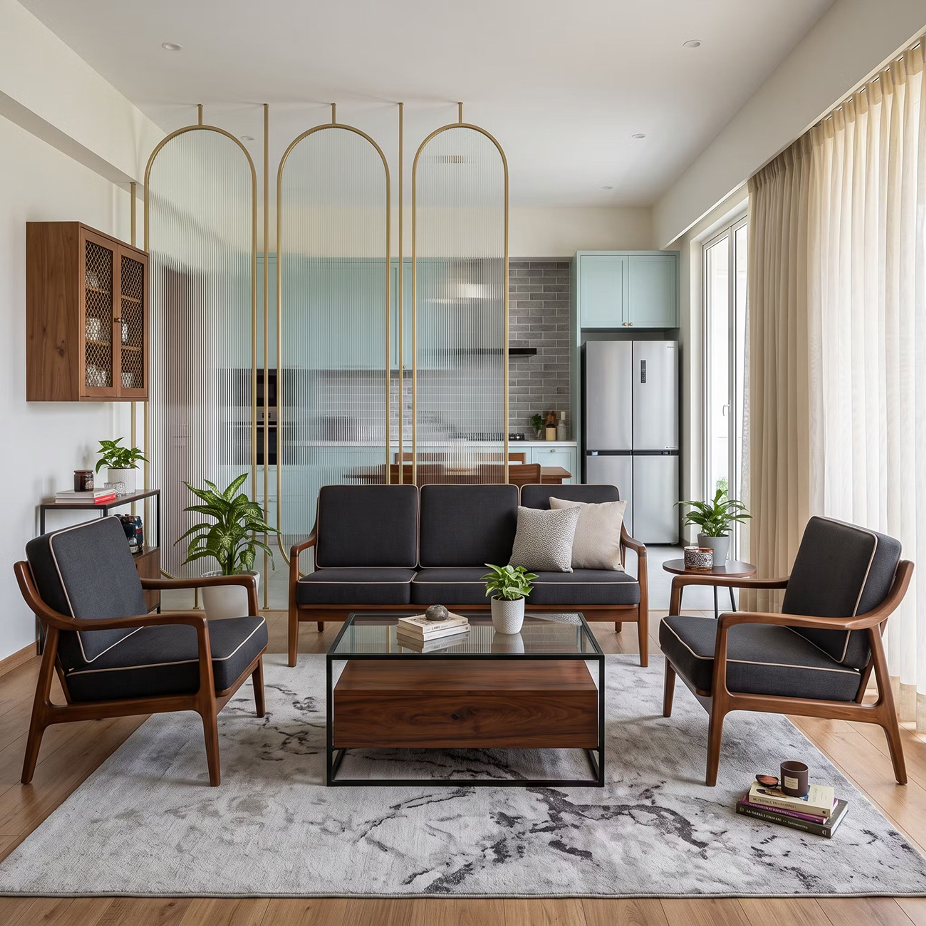 Charcoal Mid-century Modern Living Room Design with Glass Partition Screen