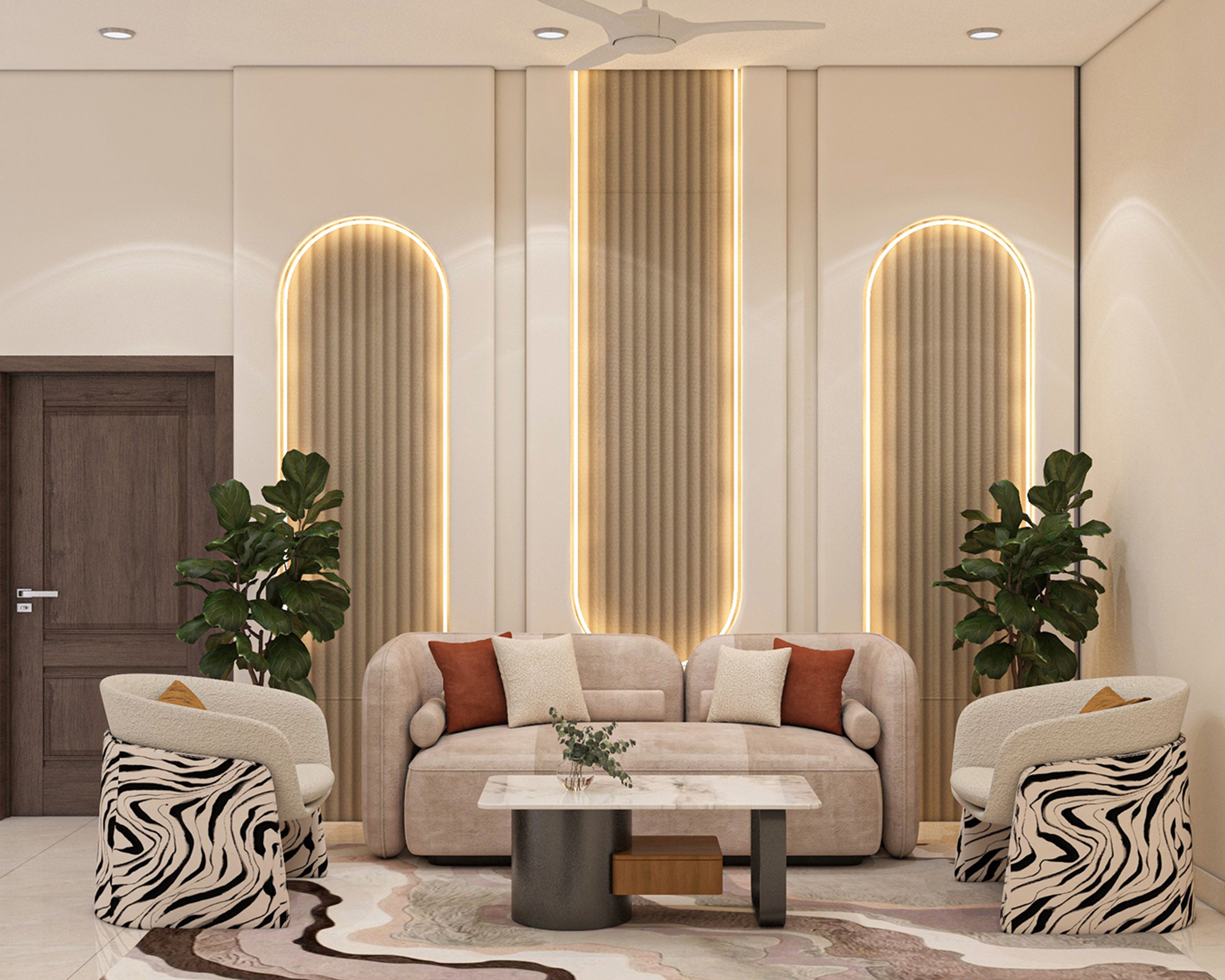 Contemporary Living Room Design with Fluted Wall Panel and Marble Table