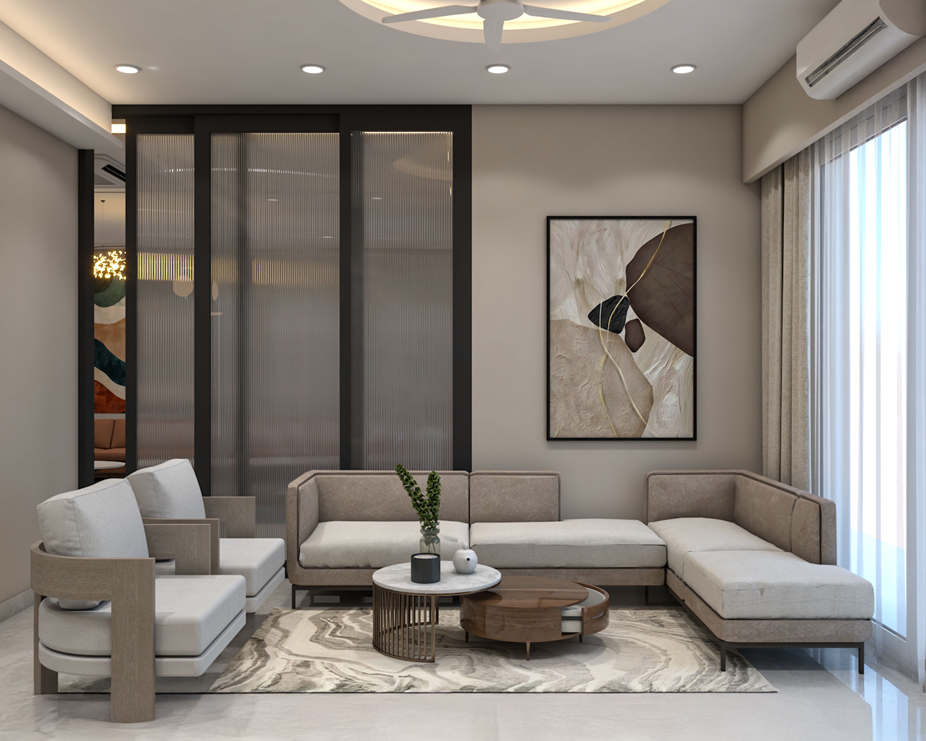 Modern Living Room Design with Fluted Glass Sliding Partitions