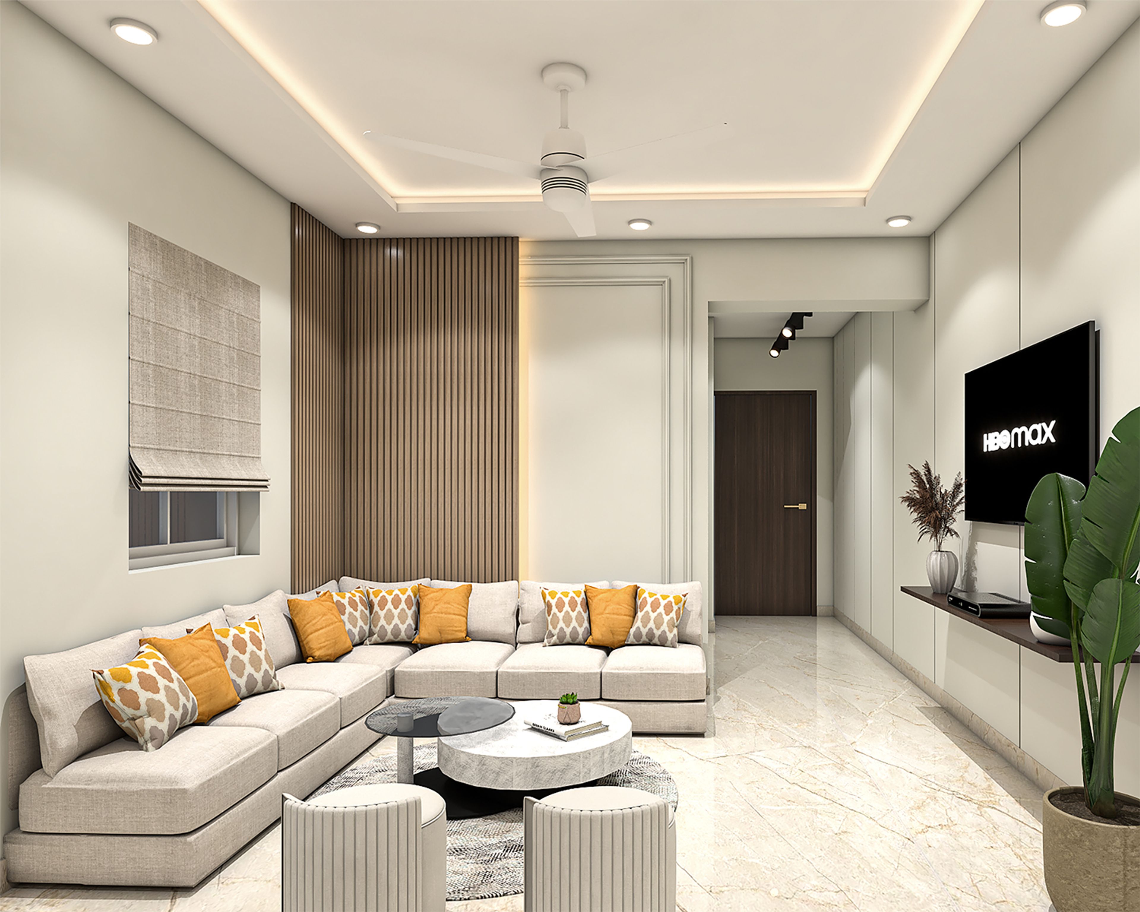 Contemporary Living Room Design with Wood Acoustic Slat Wall