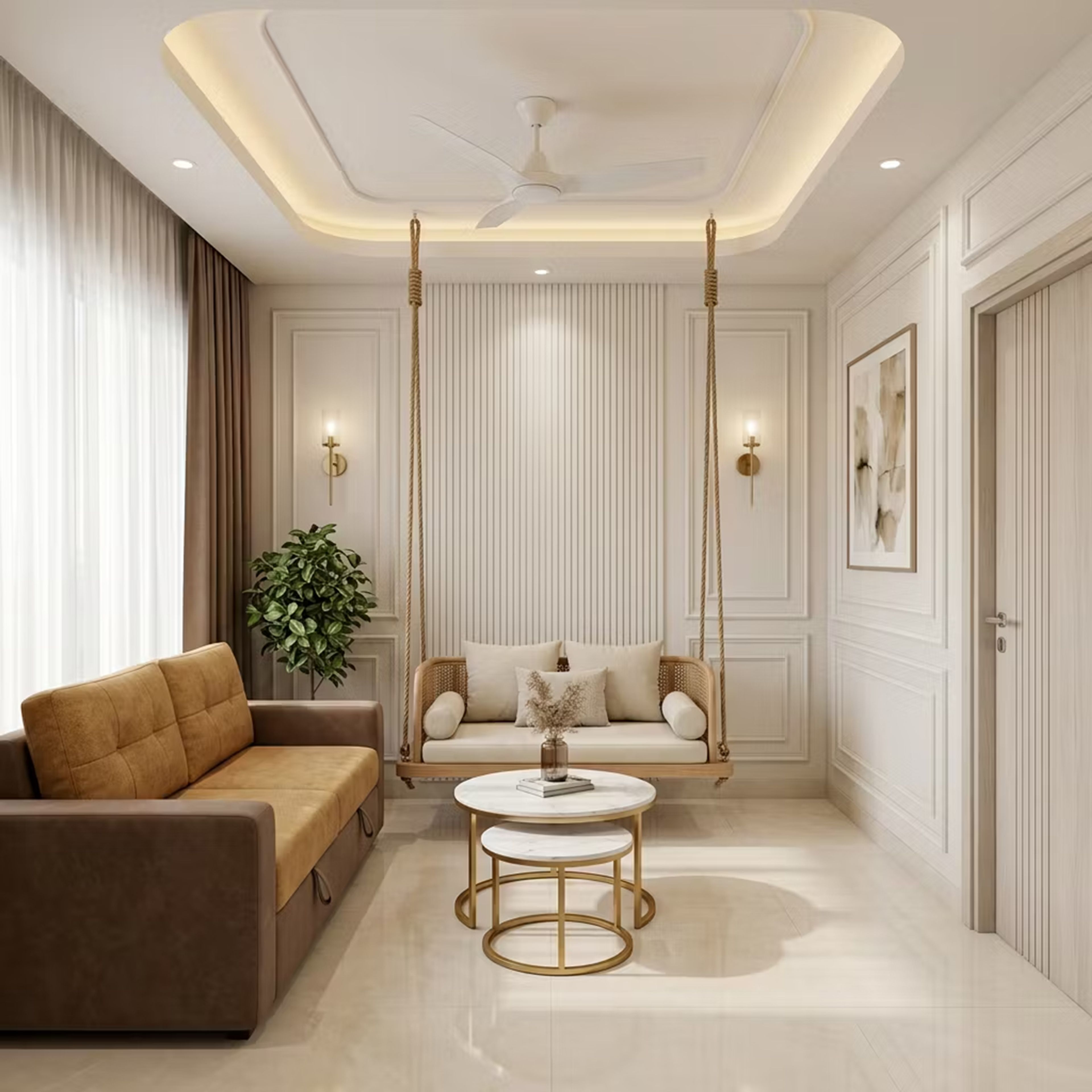Transitional Living Room Design with Hanging Cane Swing Bench