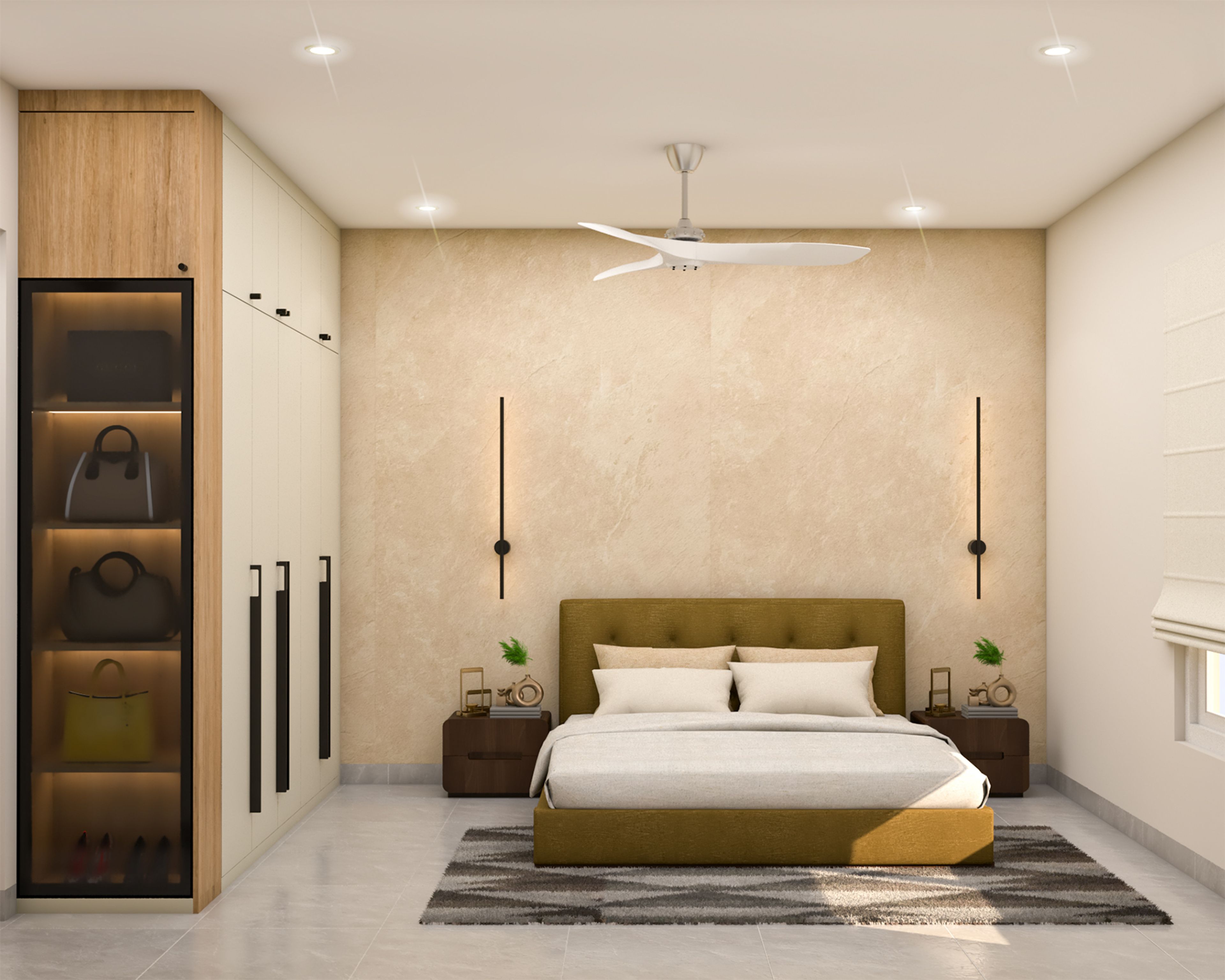 Contemporary Master Bedroom Design with Mustard Yellow Tufted Bed and Wardrobe