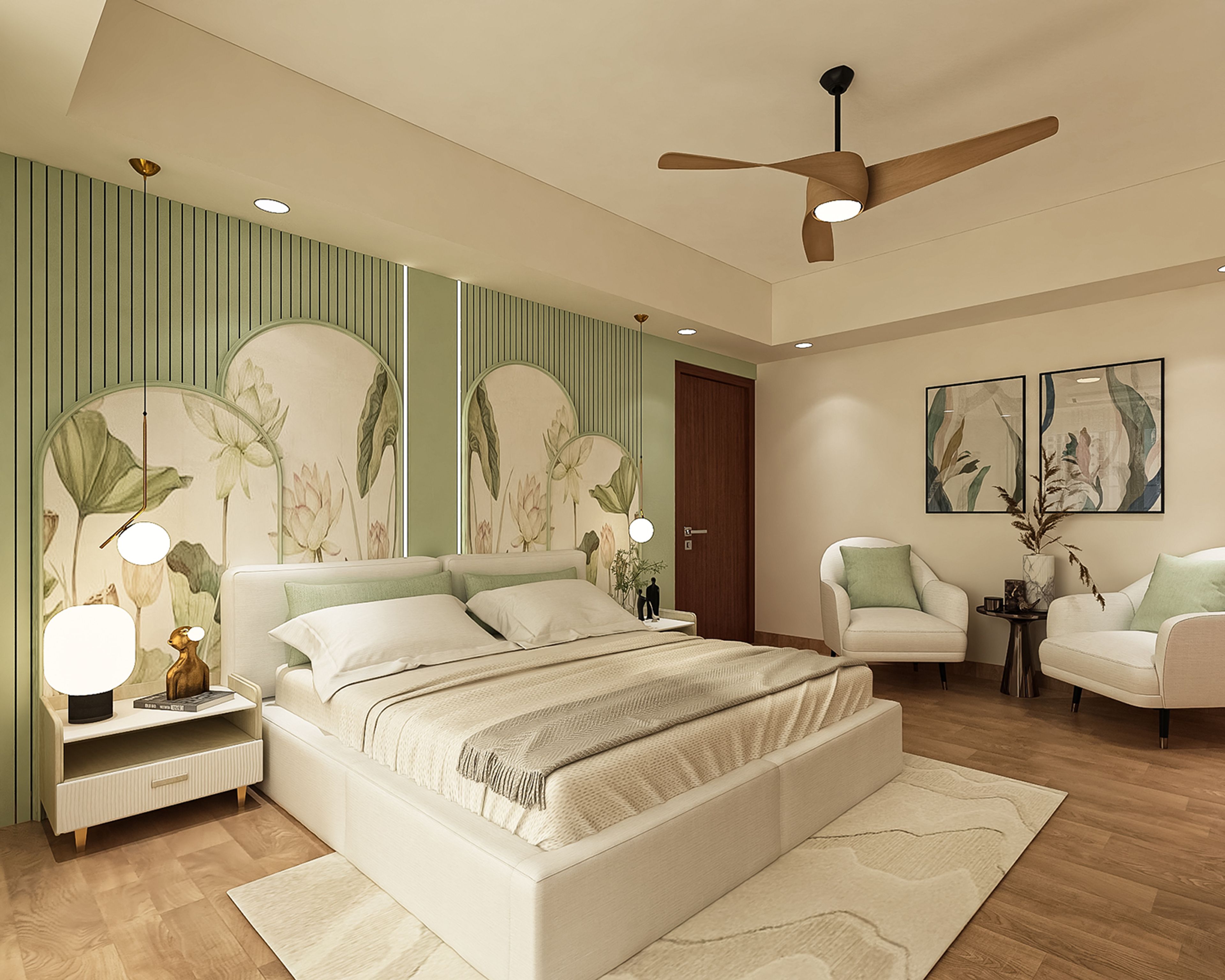 Tropical Master Bedroom Design with Lotus Flower Wall Panels and Armchairs