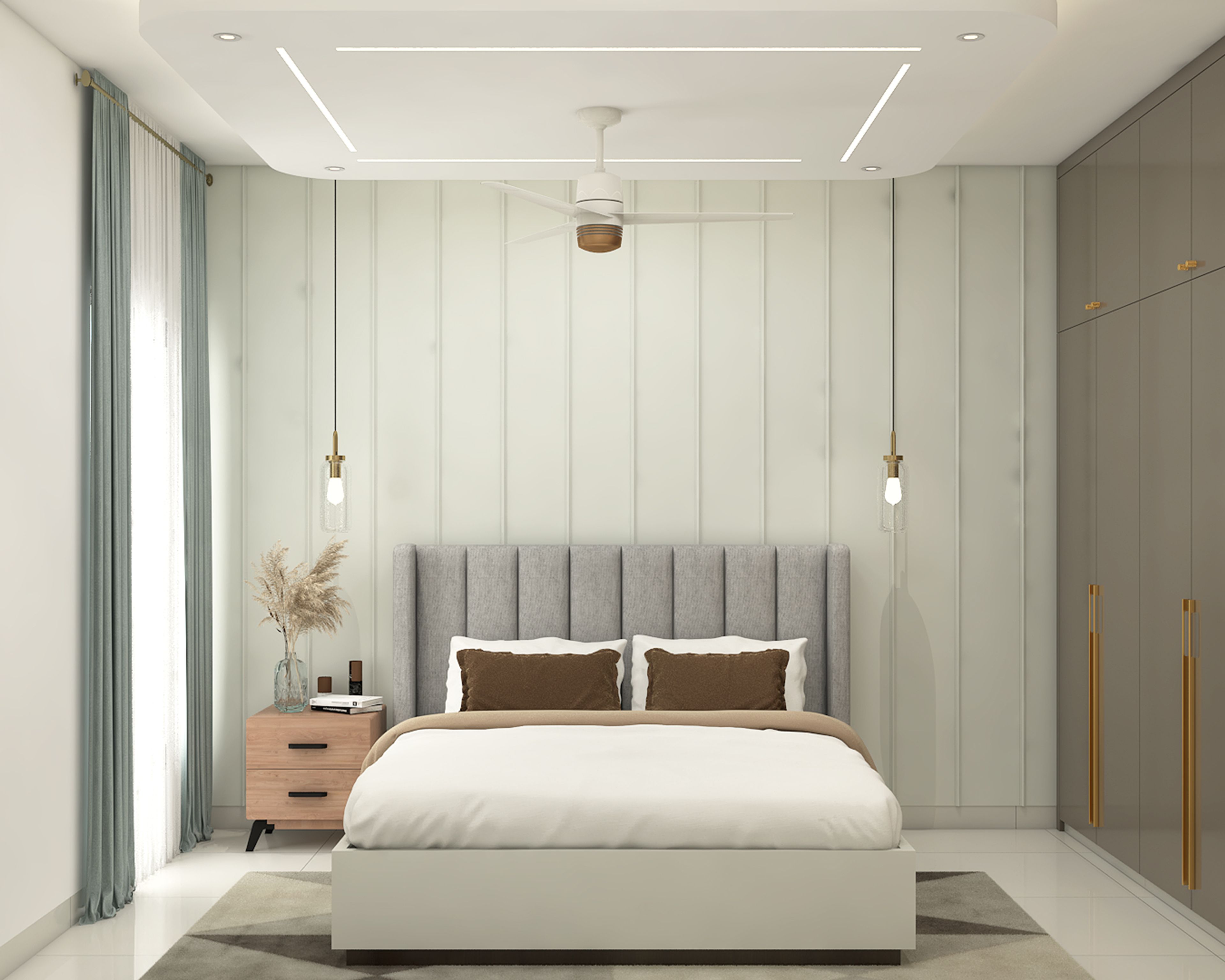 Modern Master Bedroom Design with Sage Green Vertical Wall Paneling