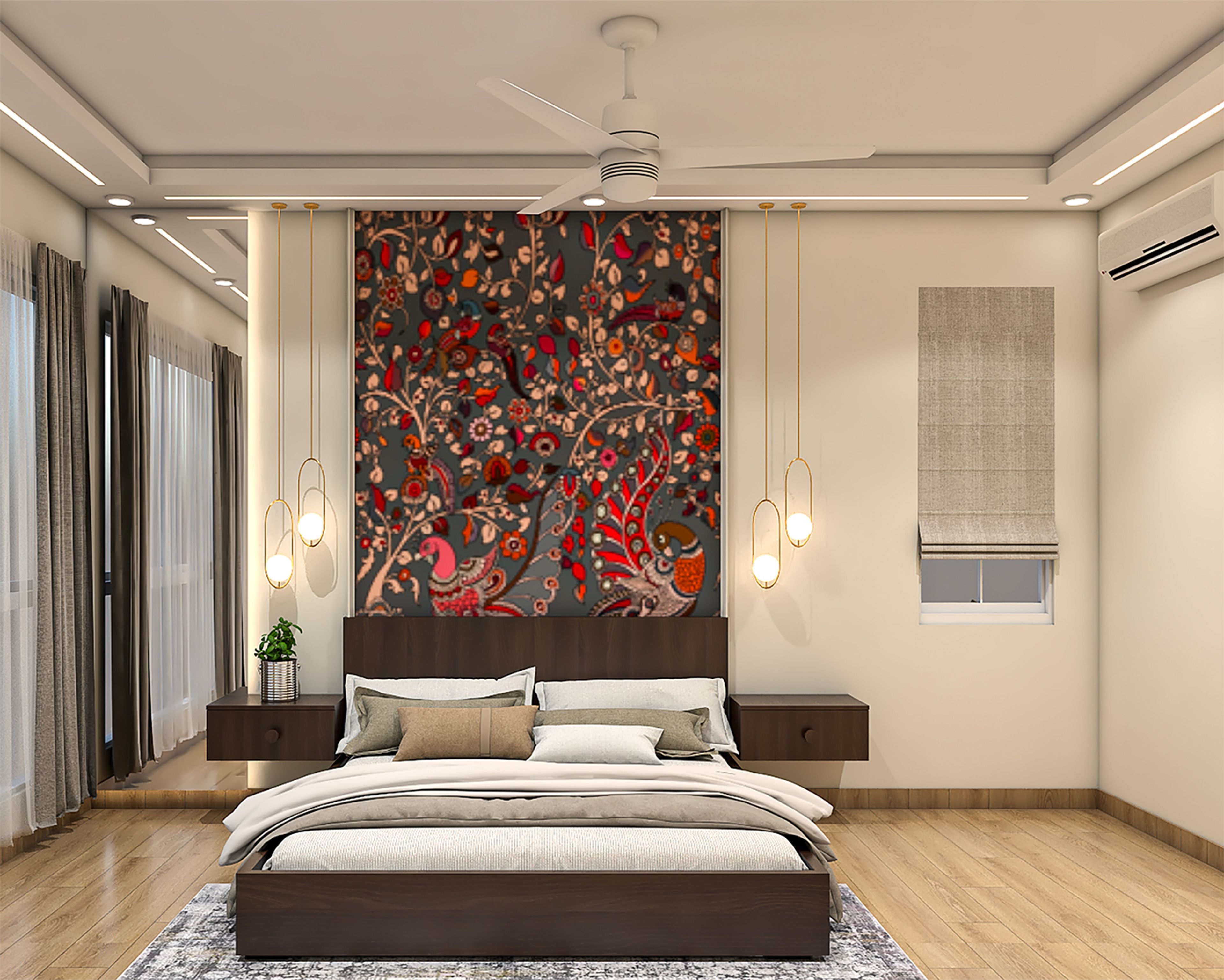 Indian Traditional Master Bedroom Design with Peacock Feature Wall Panel
