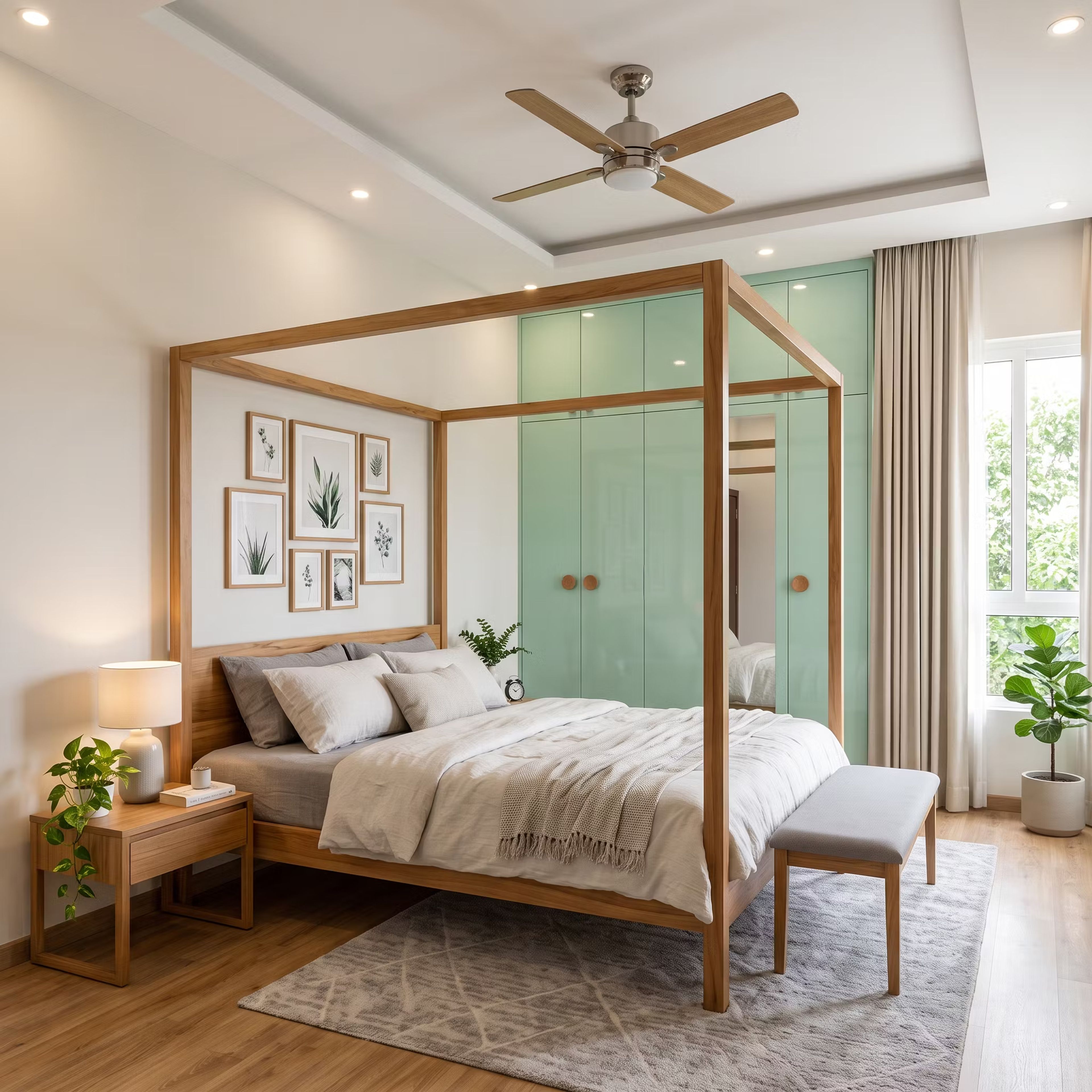 Modern Master Bedroom Design with Oak Four Poster Canopy Bed