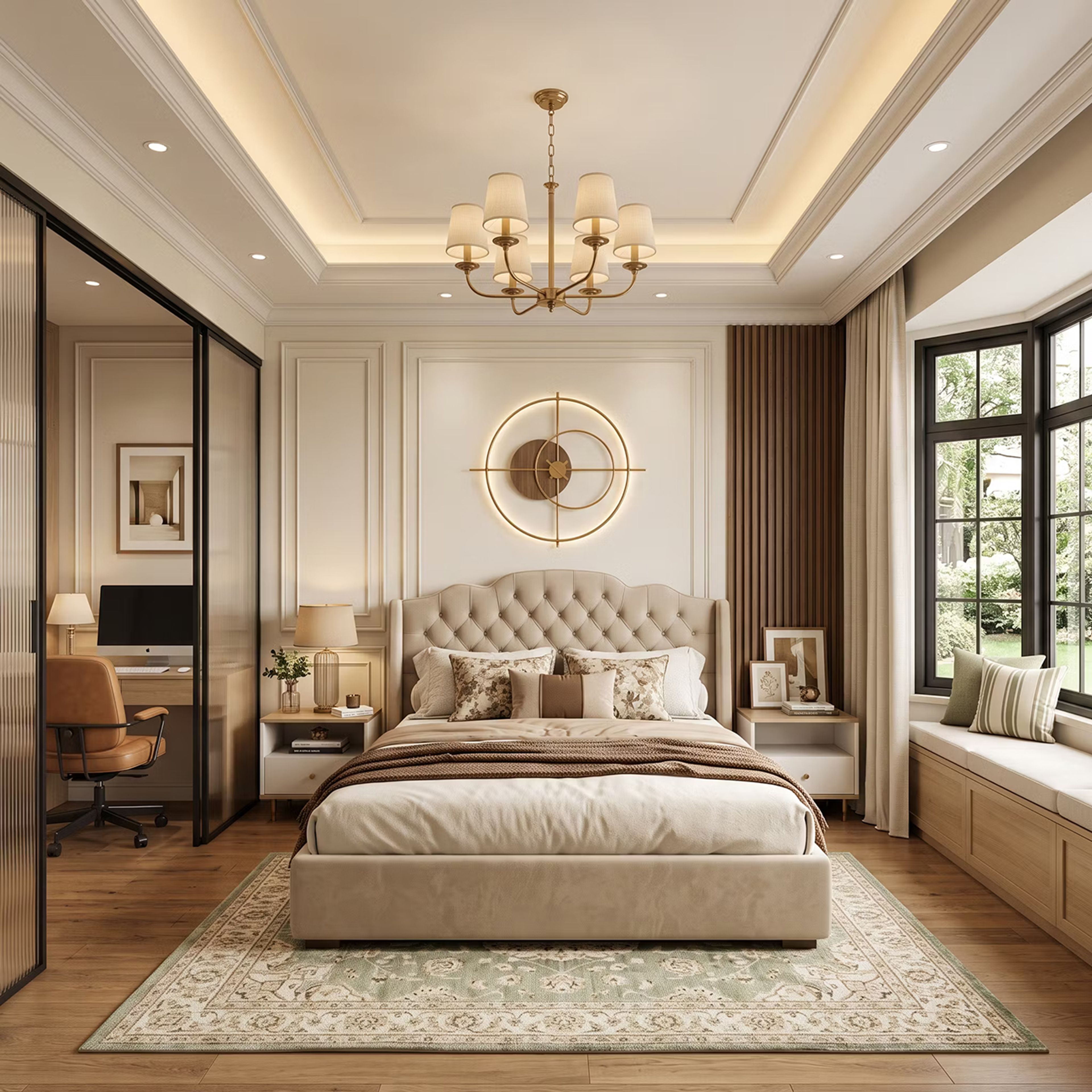 Classic Master Bedroom Design with Tufted Wingback Bed and Workspace