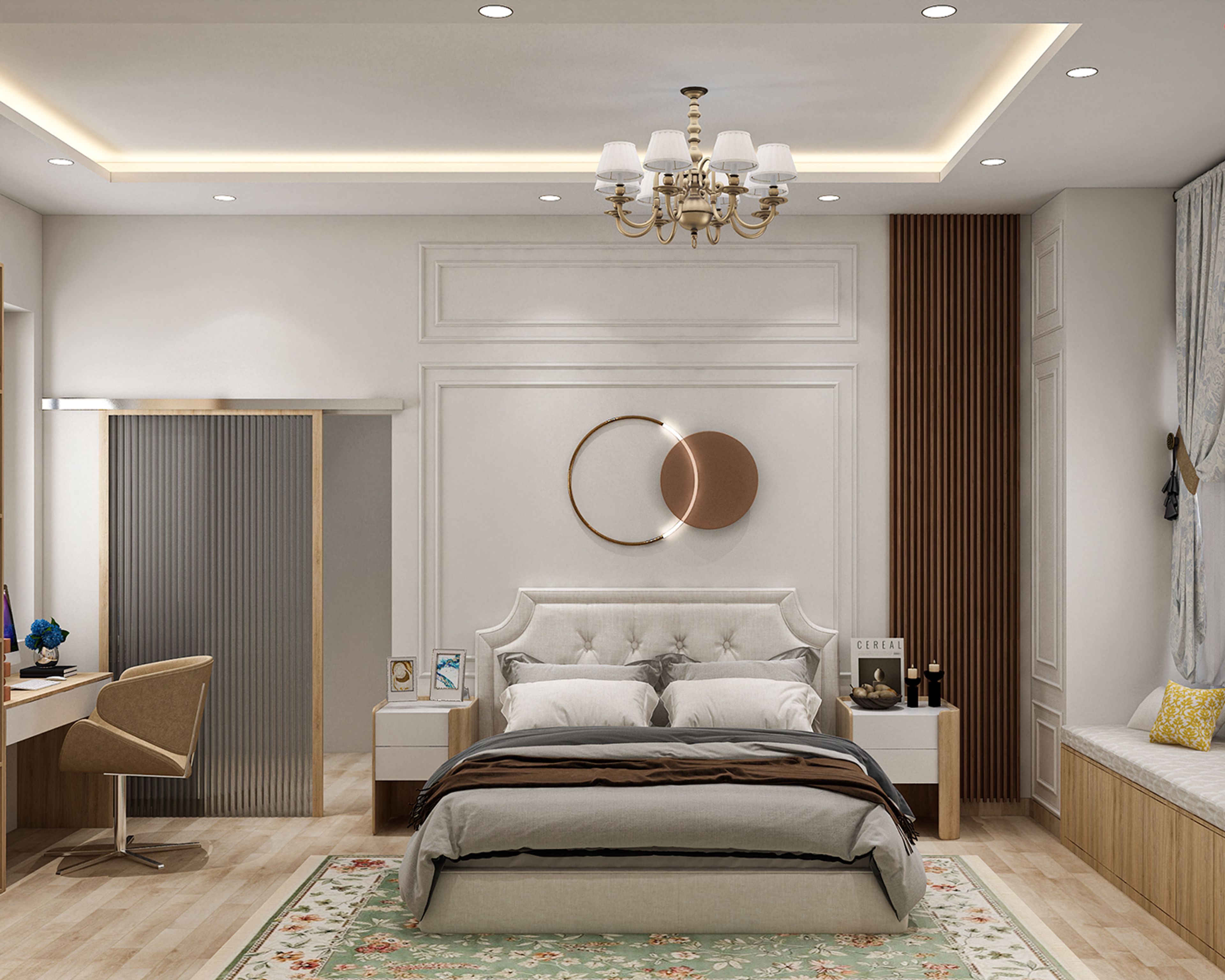 Transitional Master Bedroom Design with Tufted Bed and Fluted Slat Accent