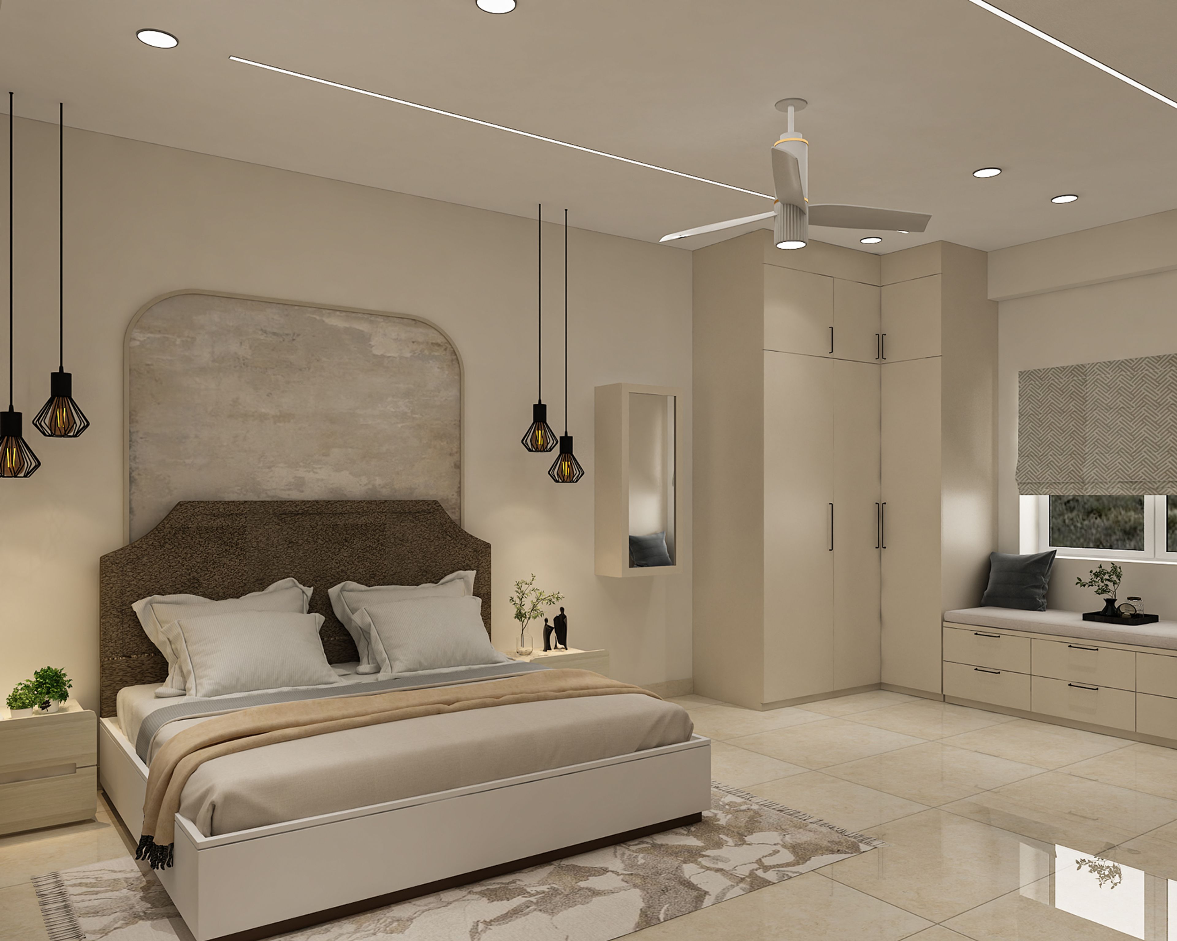 Contemporary Master Bedroom Design with Arched Alcove and Modular Wardrobe